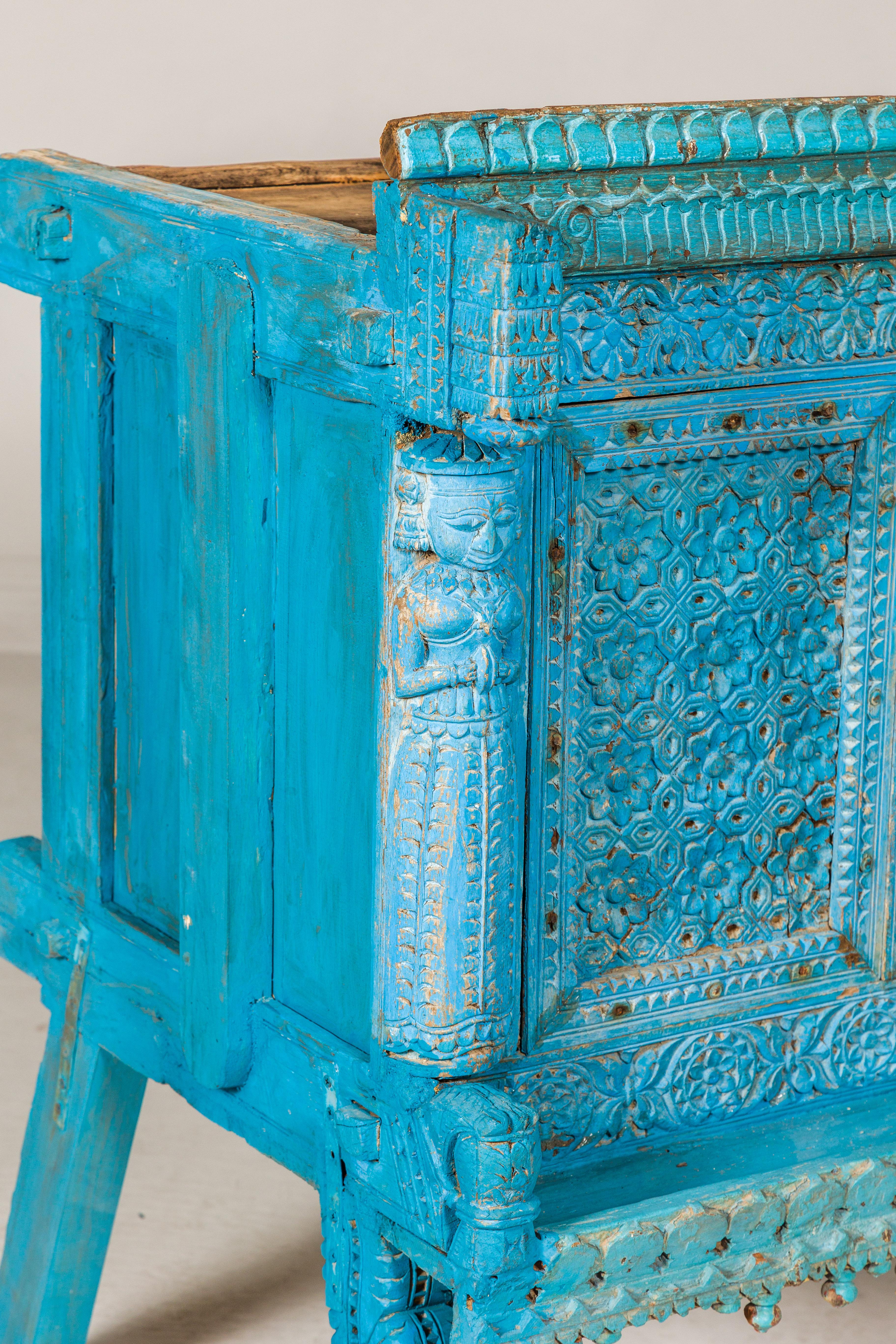 Blue Painted Antique Indian Damachiya Wedding Cabinet on Legs with Carved Décor 8