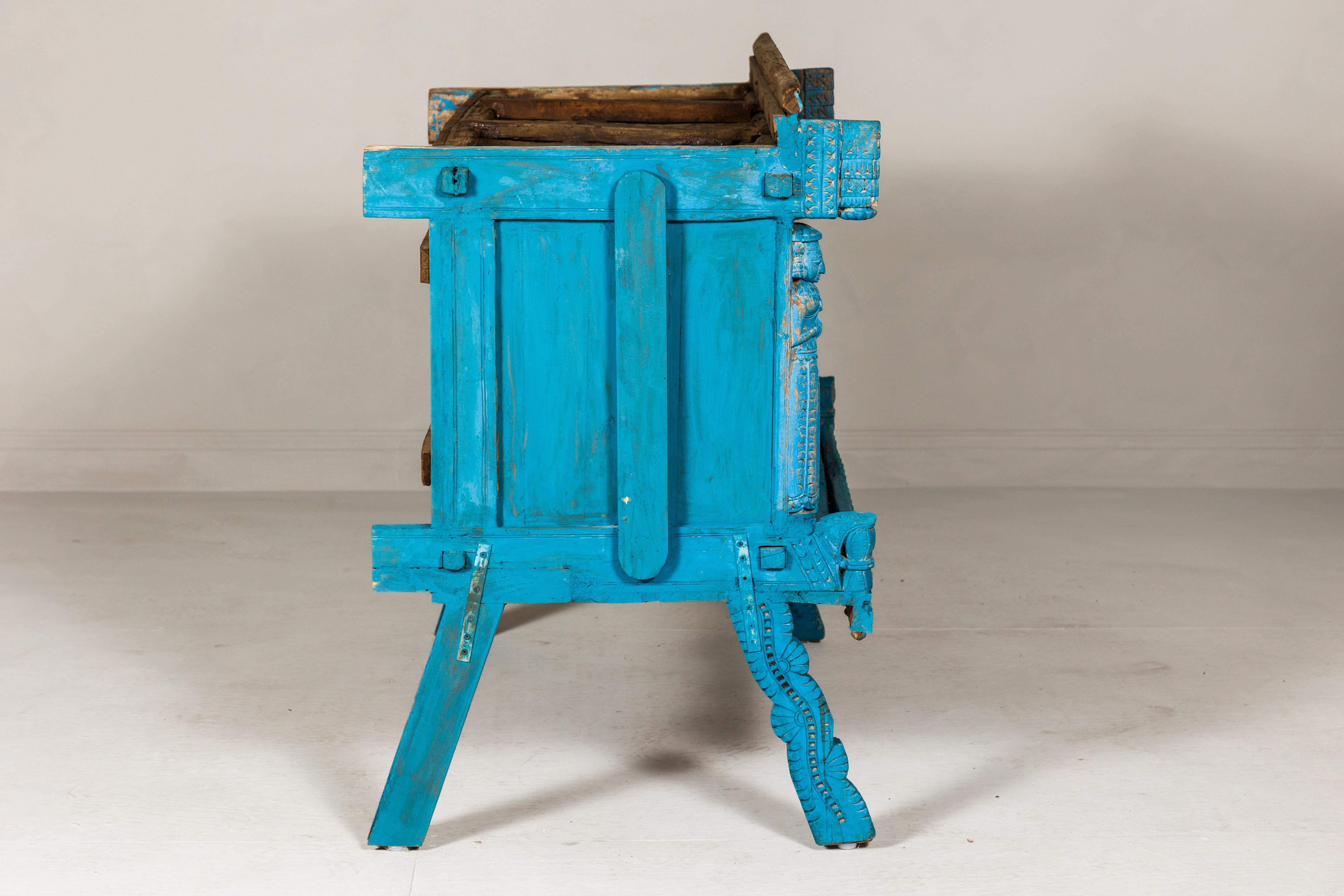 Blue Painted Antique Indian Damachiya Wedding Cabinet on Legs with Carved Décor 9
