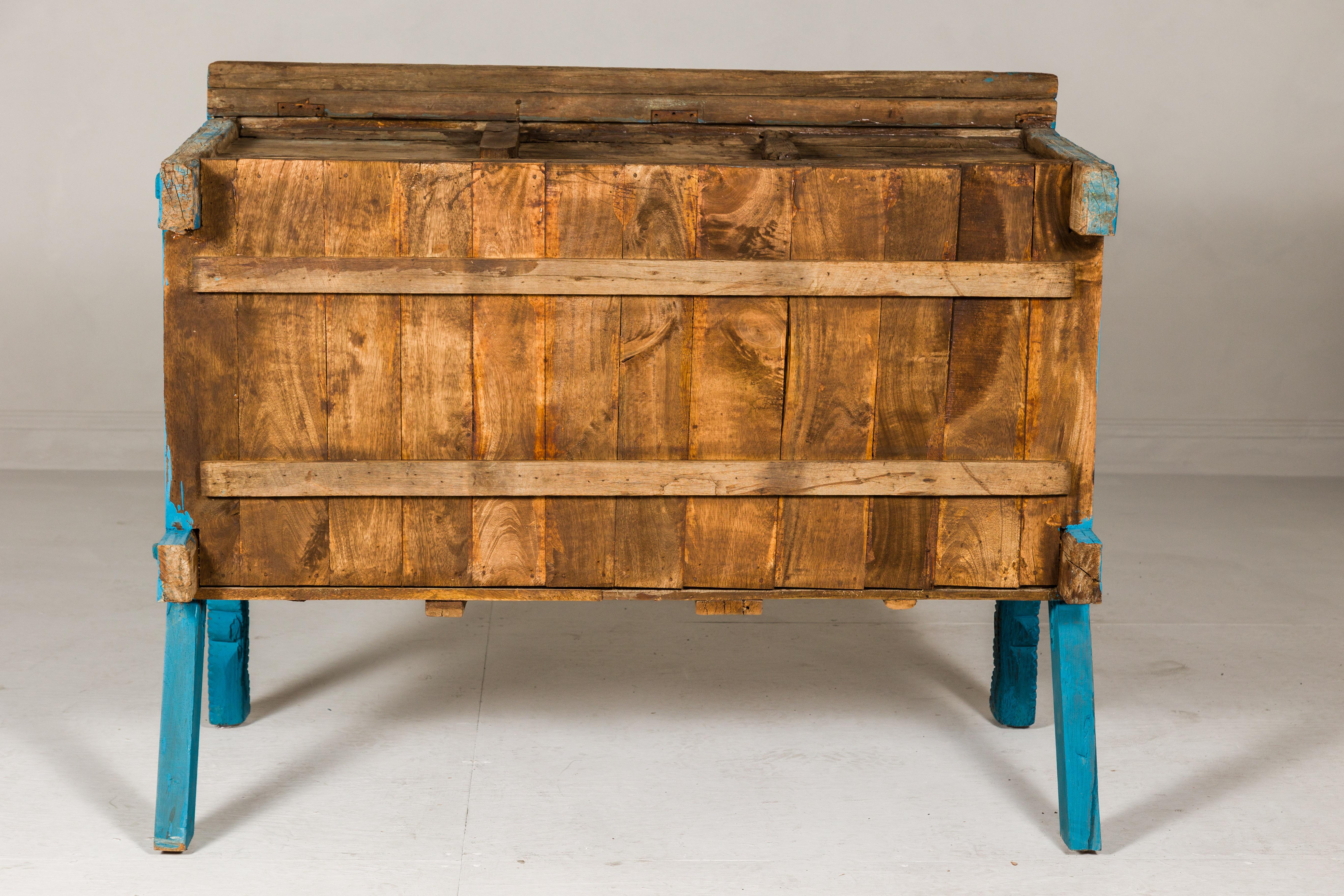 Blue Painted Antique Indian Damachiya Wedding Cabinet on Legs with Carved Décor 10