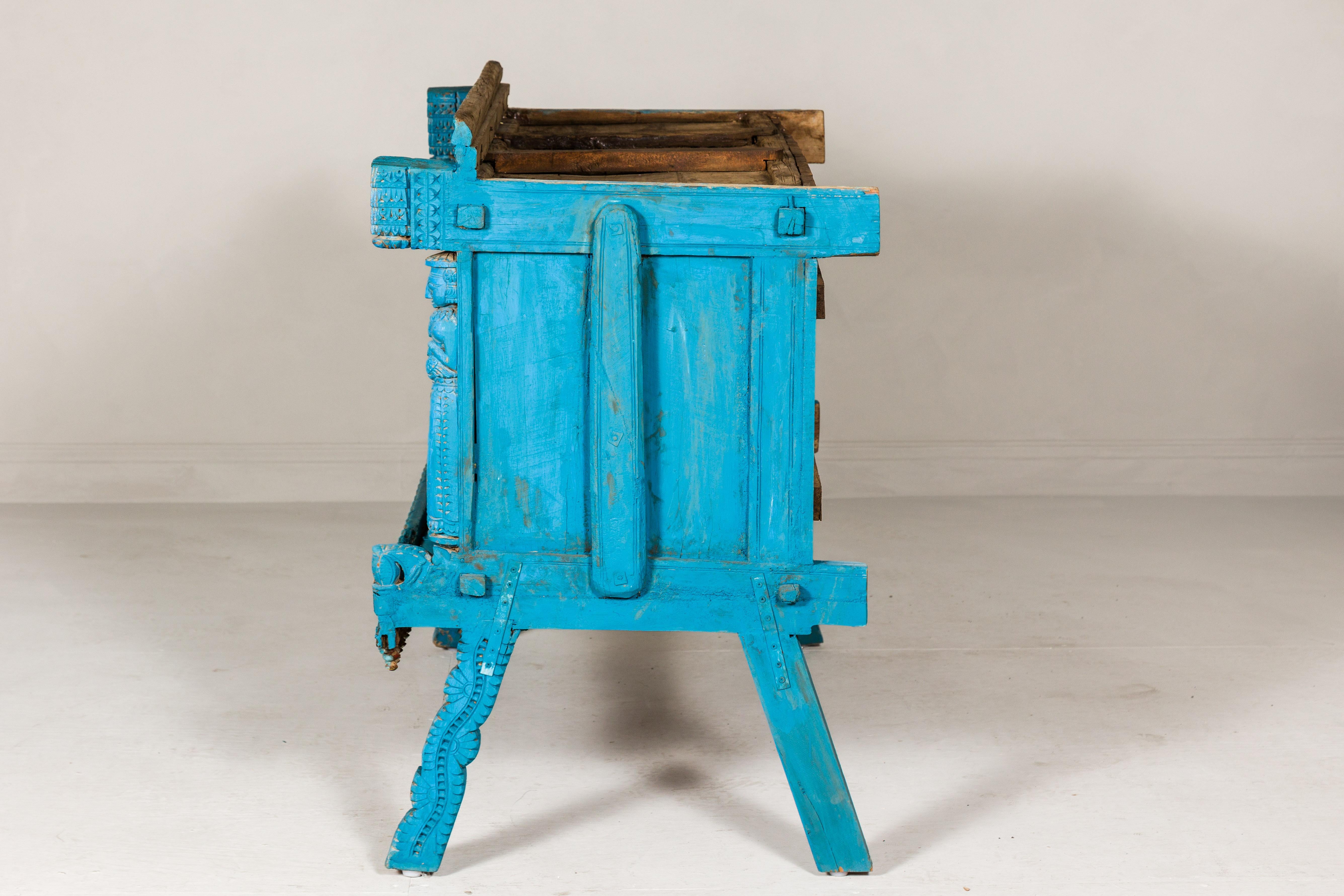 Blue Painted Antique Indian Damachiya Wedding Cabinet on Legs with Carved Décor 11