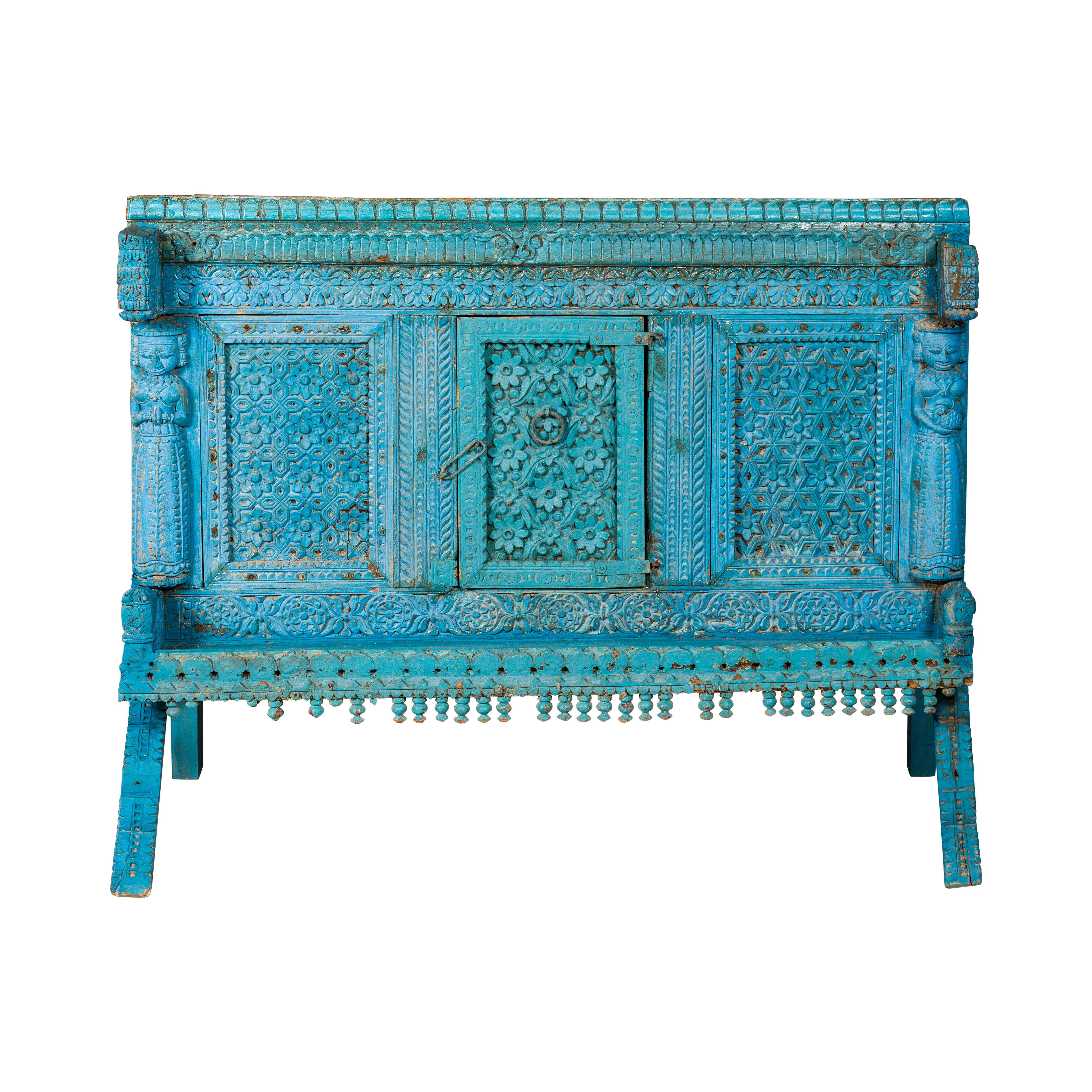 Blue Painted Antique Indian Damachiya Wedding Cabinet on Legs with Carved Décor 12