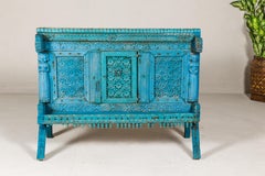 Blue Painted Antique Indian Damachiya Wedding Cabinet on Legs with Carved Décor