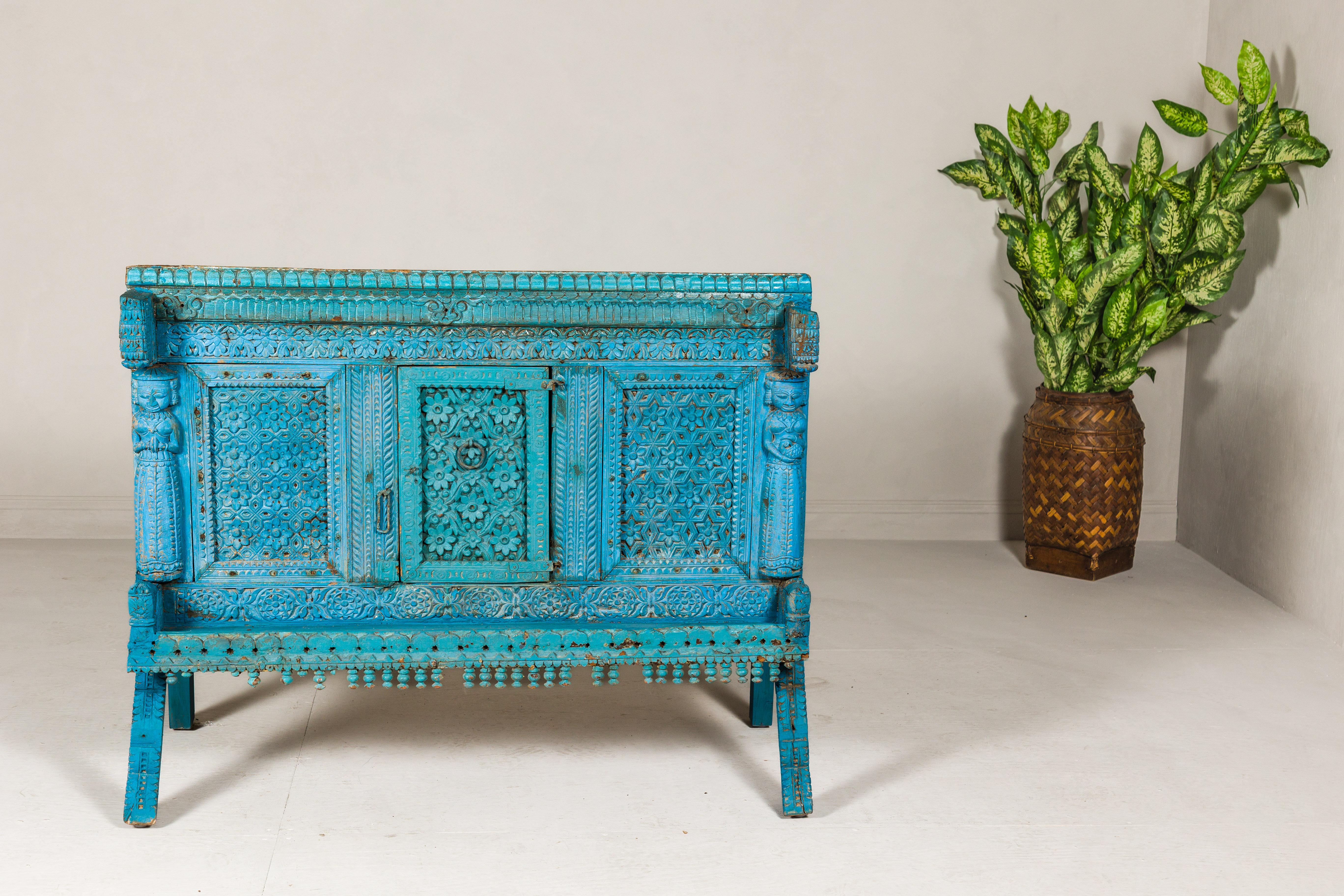 Blue Painted Antique Indian Damachiya Wedding Cabinet on Legs with Carved Décor In Good Condition In Yonkers, NY