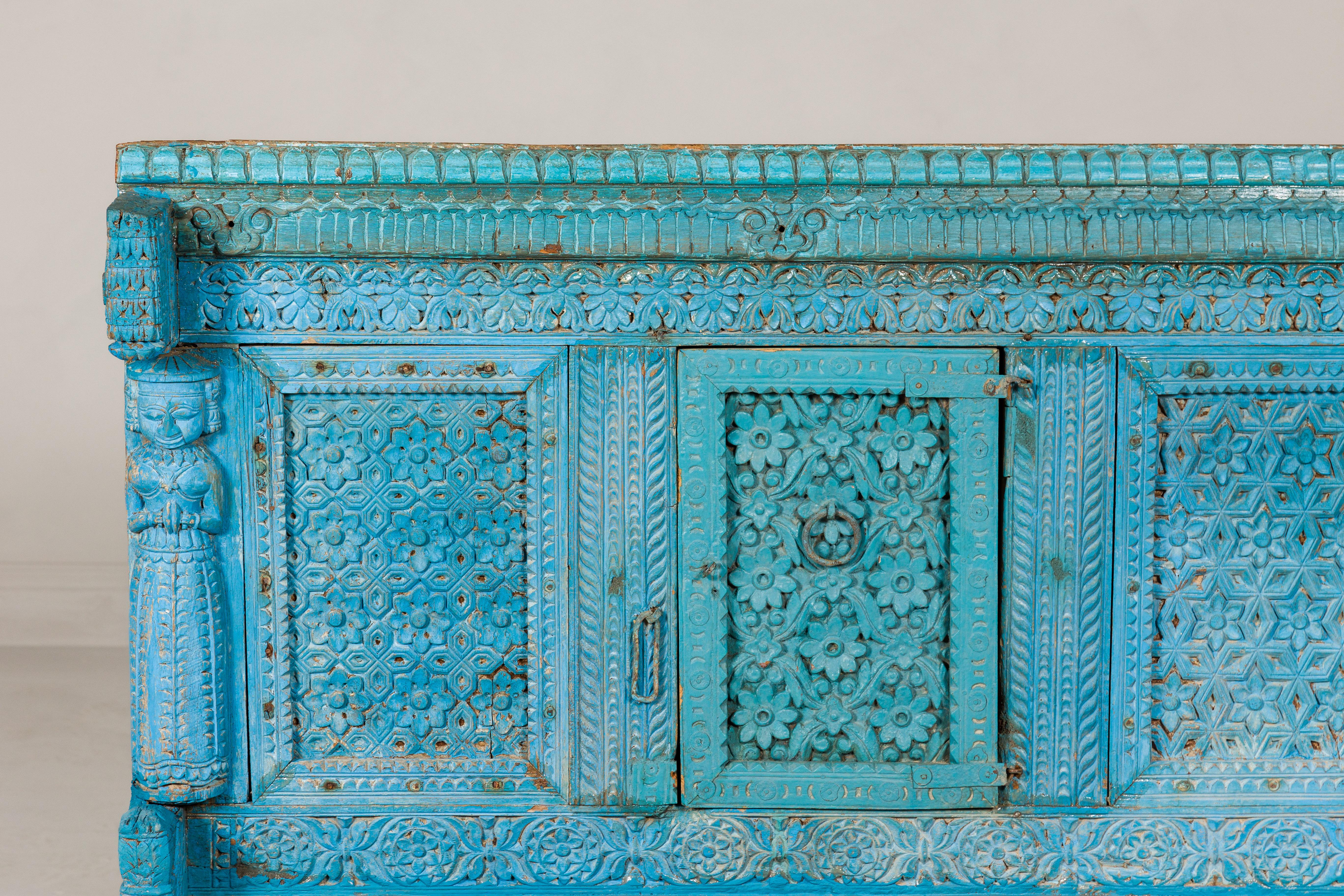 19th Century Blue Painted Antique Indian Damachiya Wedding Cabinet on Legs with Carved Décor