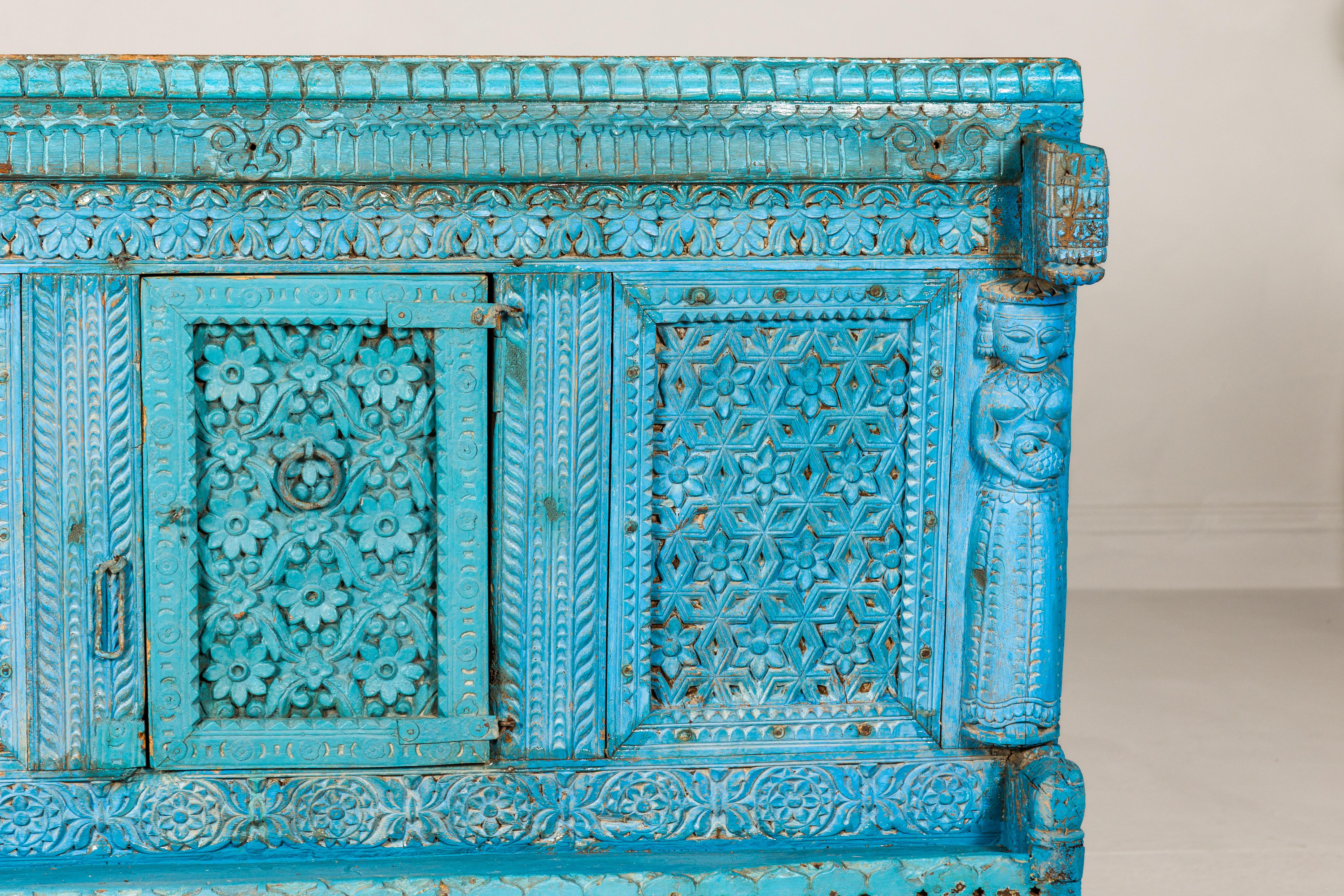 Wood Blue Painted Antique Indian Damachiya Wedding Cabinet on Legs with Carved Décor