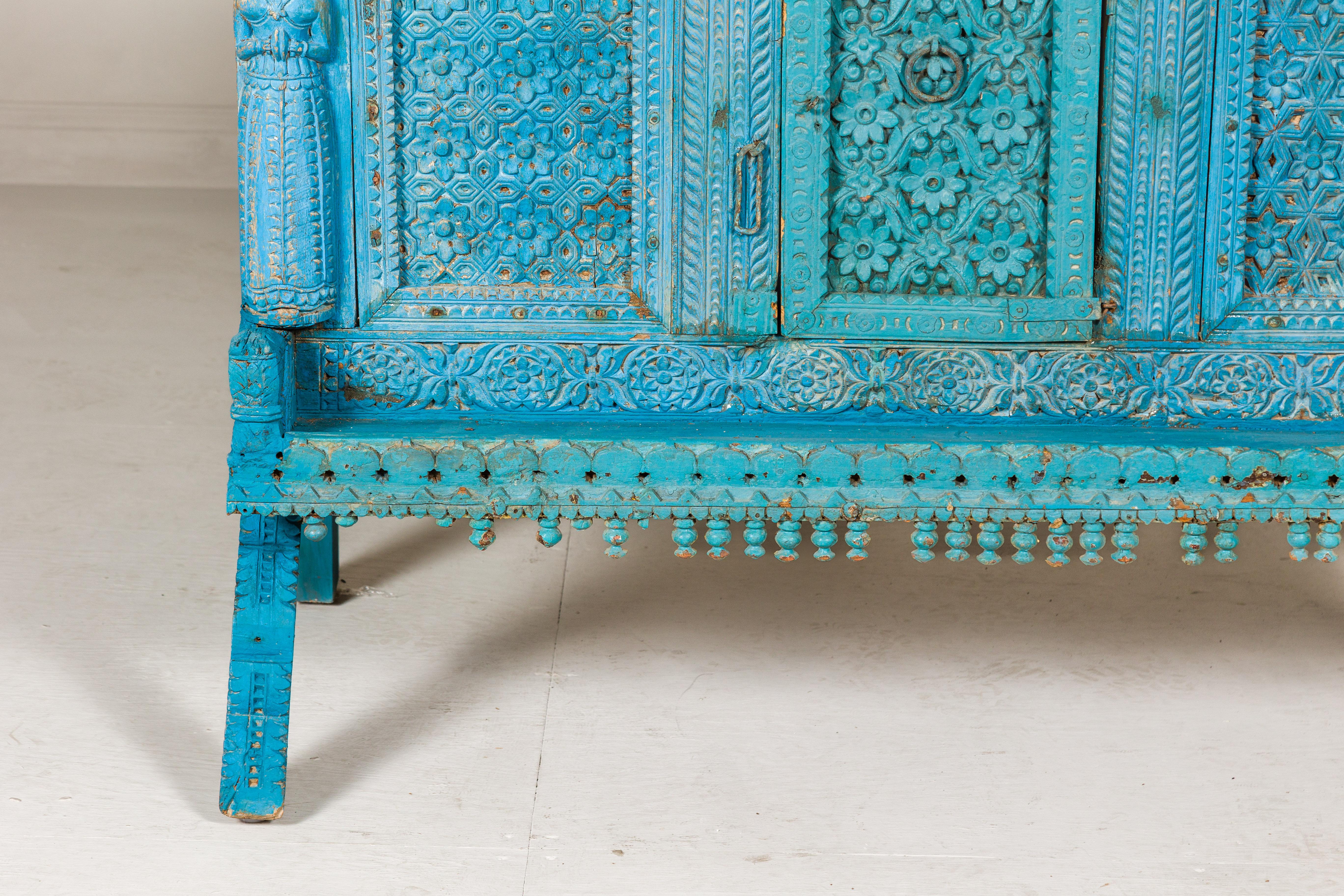 Blue Painted Antique Indian Damachiya Wedding Cabinet on Legs with Carved Décor 1