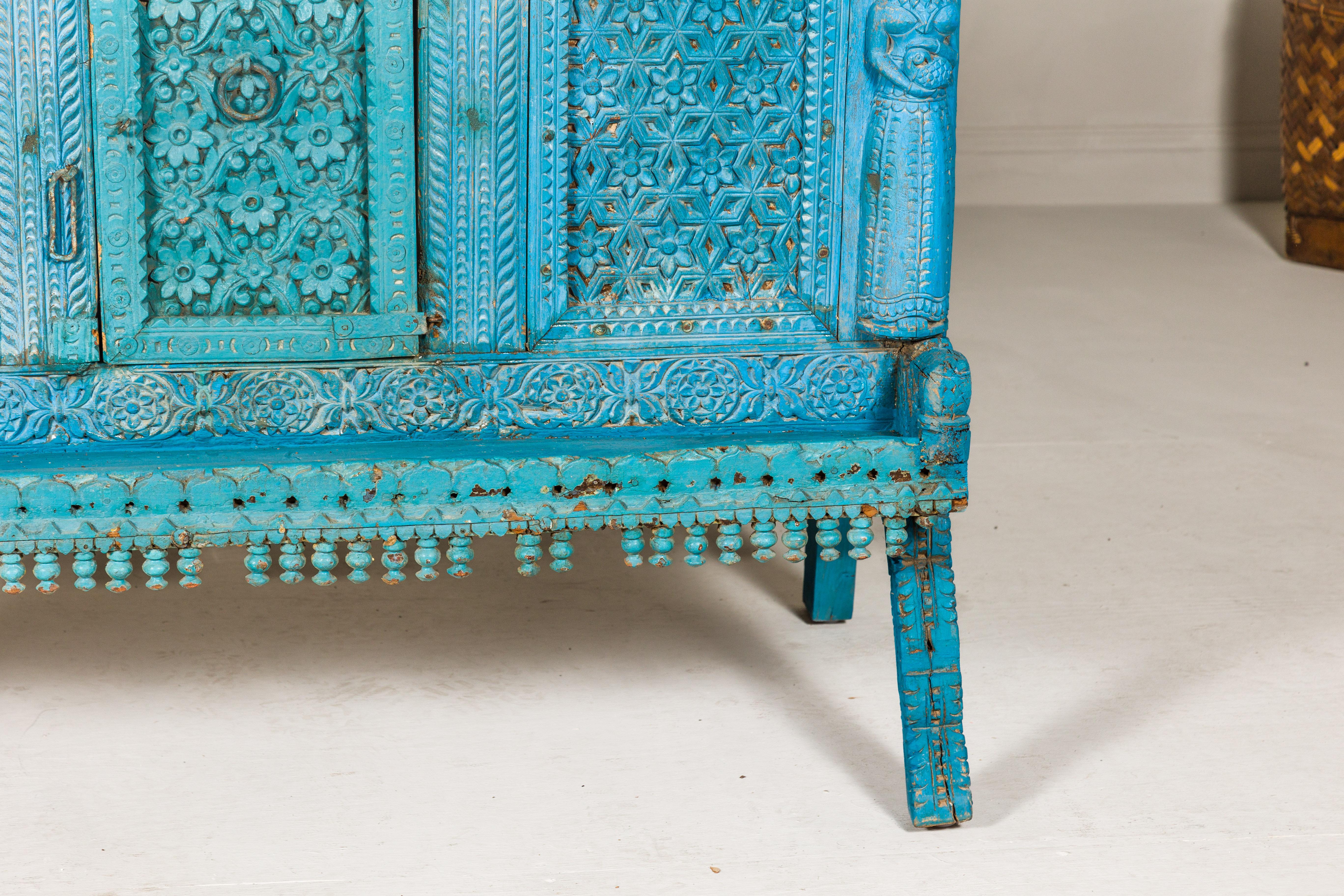 Blue Painted Antique Indian Damachiya Wedding Cabinet on Legs with Carved Décor 2