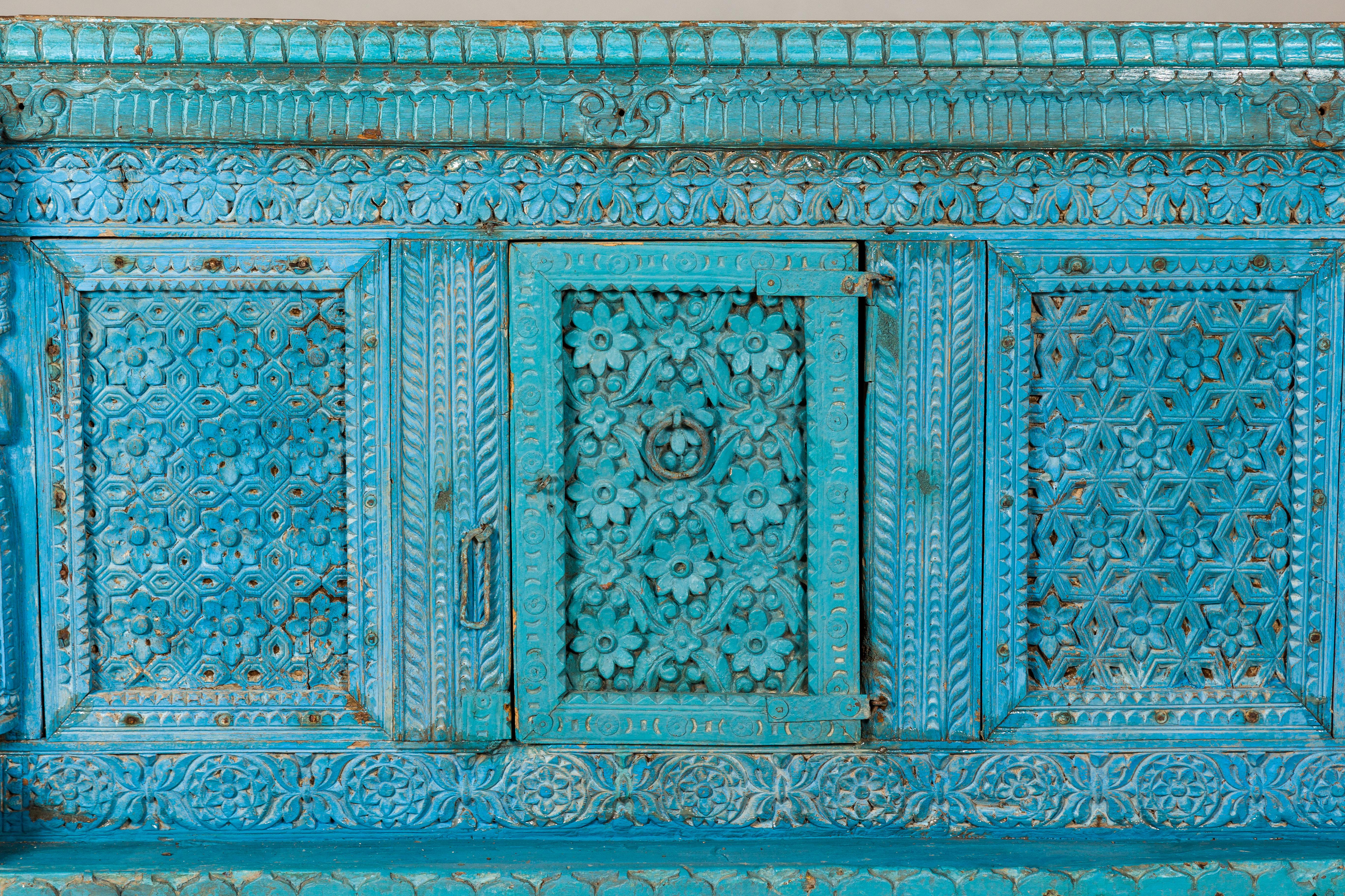 Blue Painted Antique Indian Damachiya Wedding Cabinet on Legs with Carved Décor 3