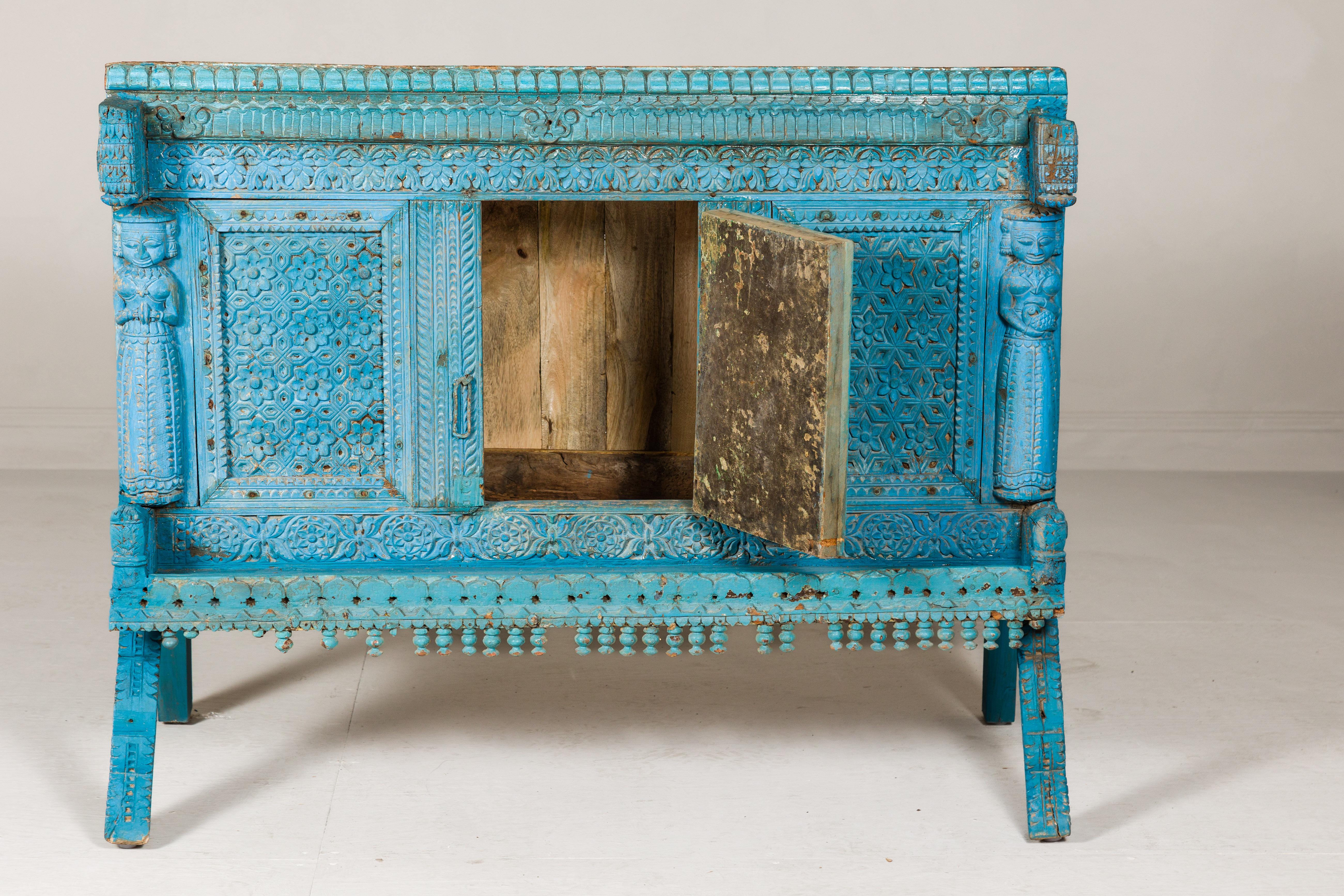 Blue Painted Antique Indian Damachiya Wedding Cabinet on Legs with Carved Décor 4