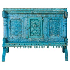 Blue Painted Antique Indian Damachiya Wedding Cabinet on Legs with Carved Décor