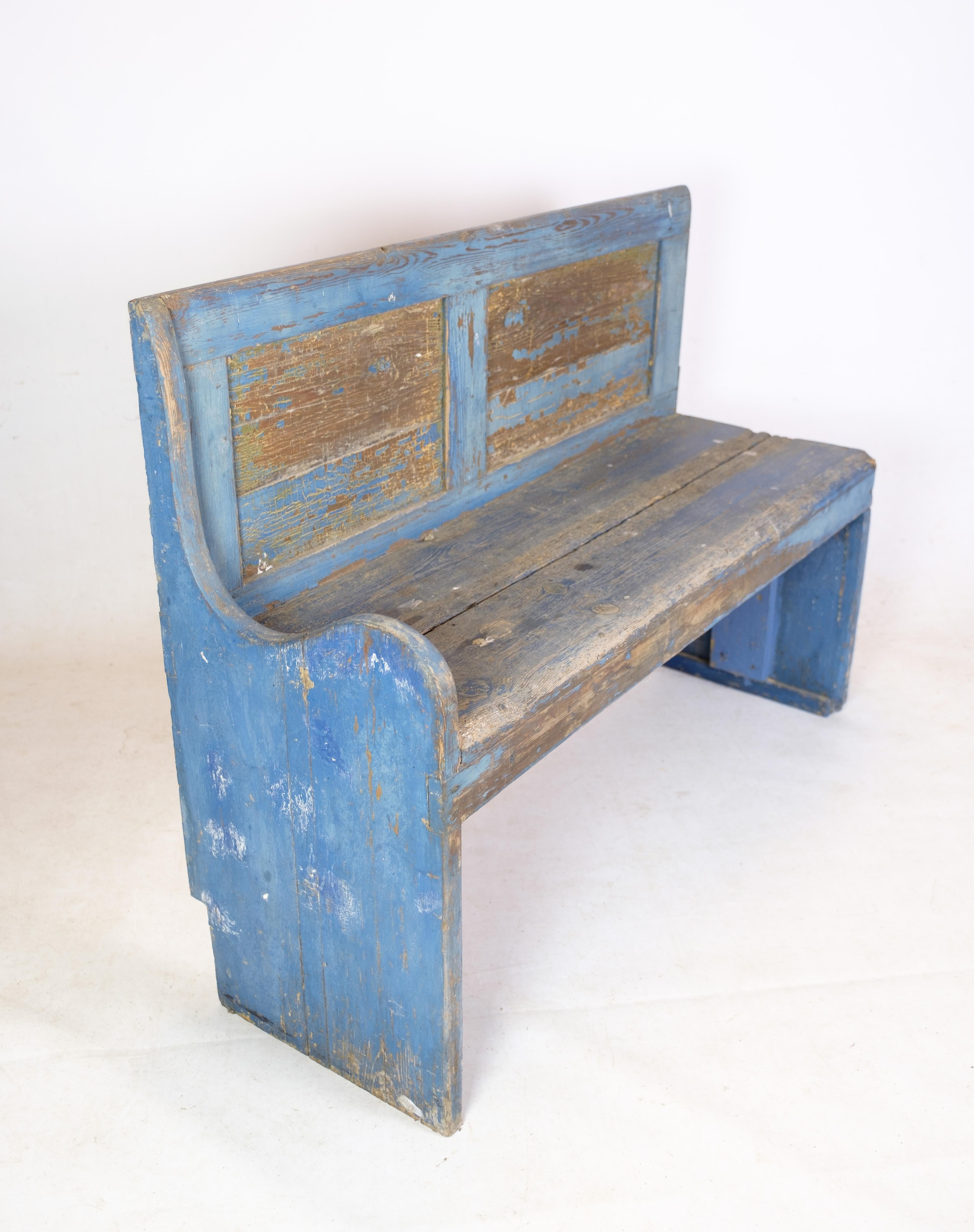 Danish Blue Painted Bench in Pine Wood From The 1840s For Sale