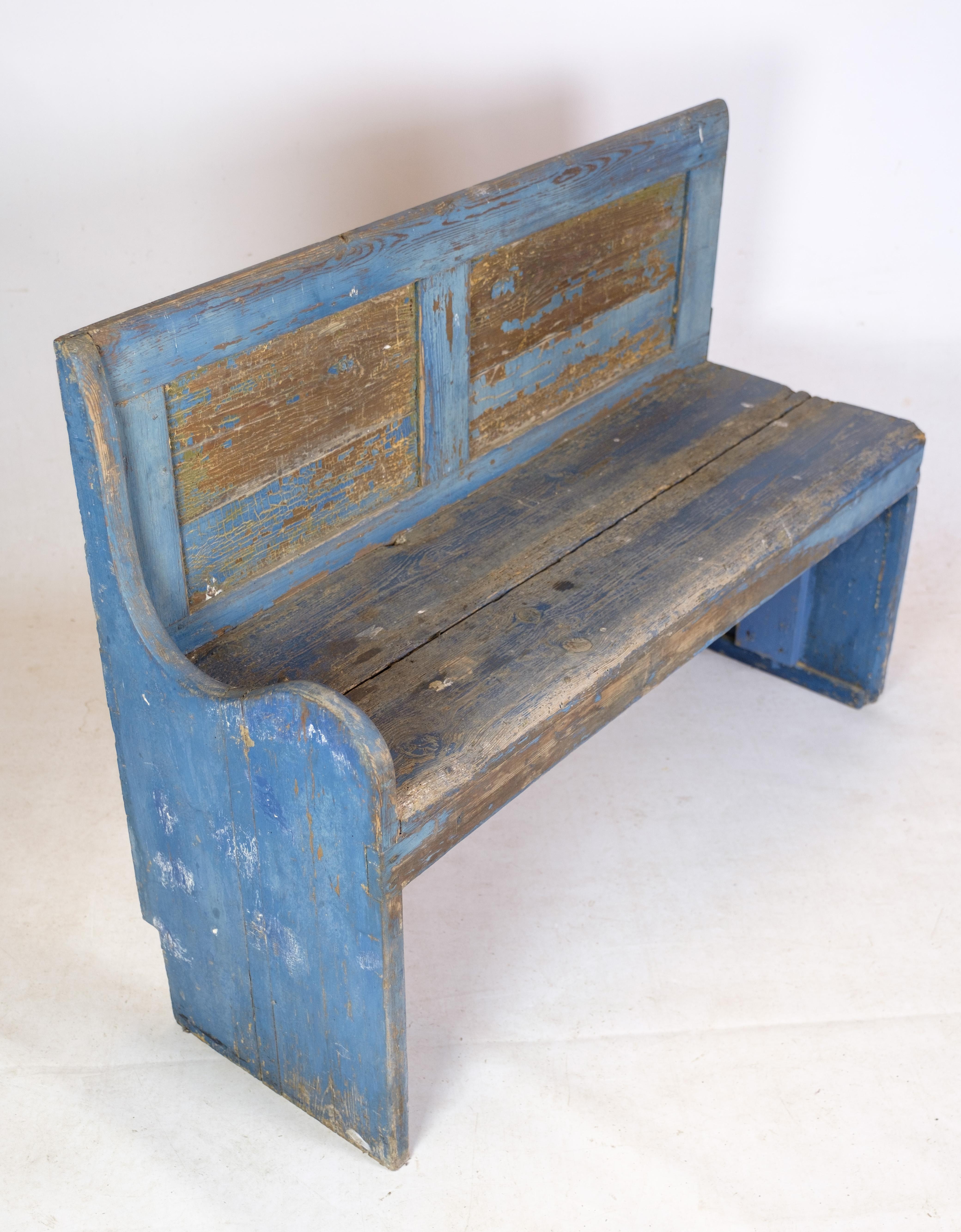 Blue Painted Bench in Pine Wood From The 1840s In Good Condition For Sale In Lejre, DK