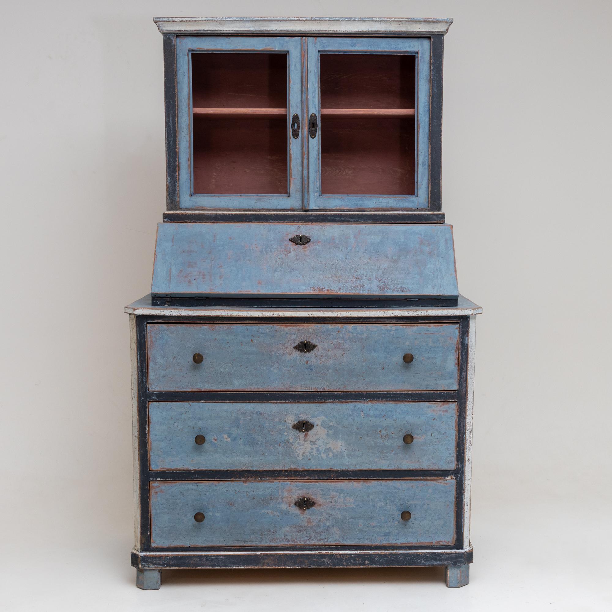 Blue painted Biedermeier Secretaire, around 1820 In Good Condition For Sale In Greding, DE