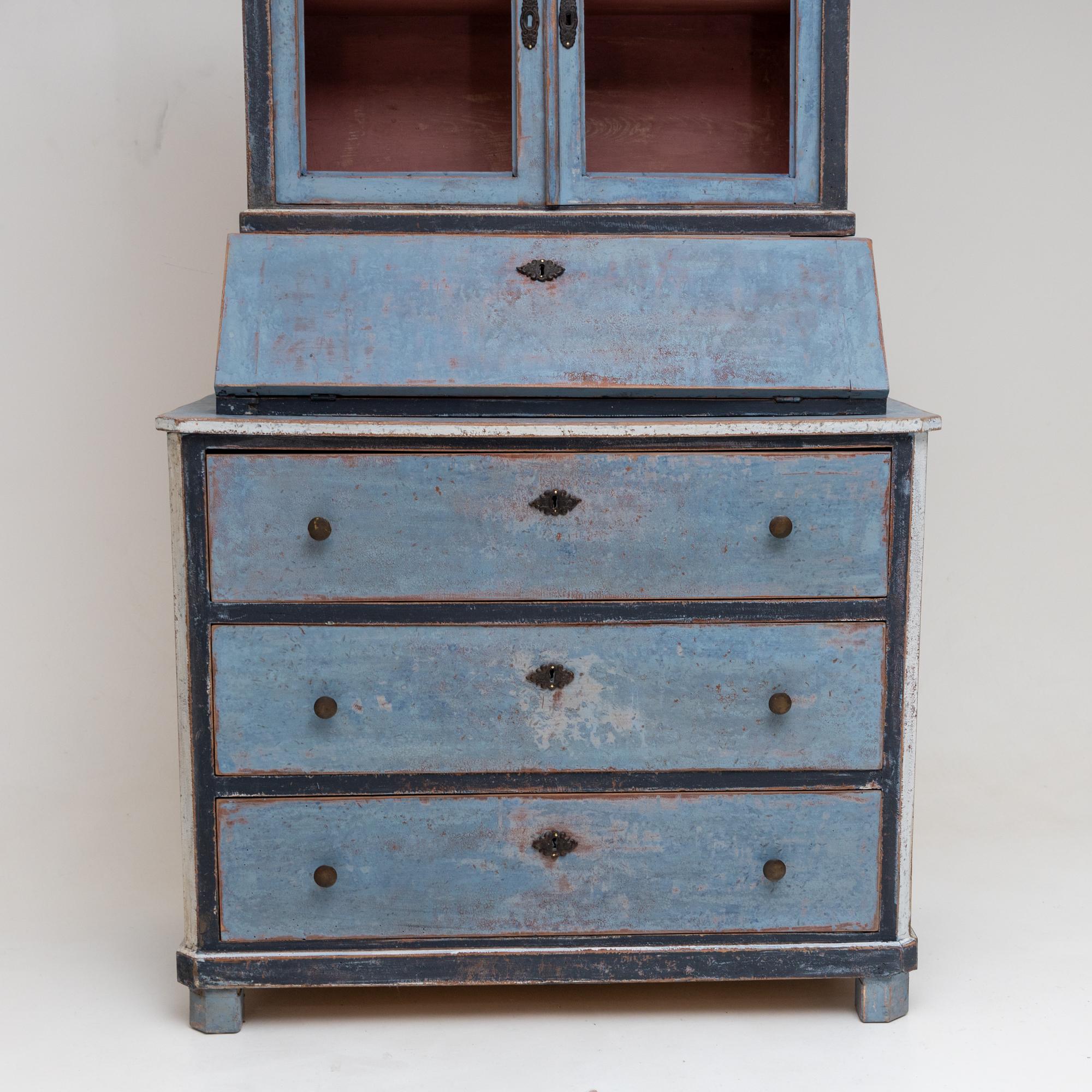 Softwood Blue painted Biedermeier Secretaire, around 1820 For Sale