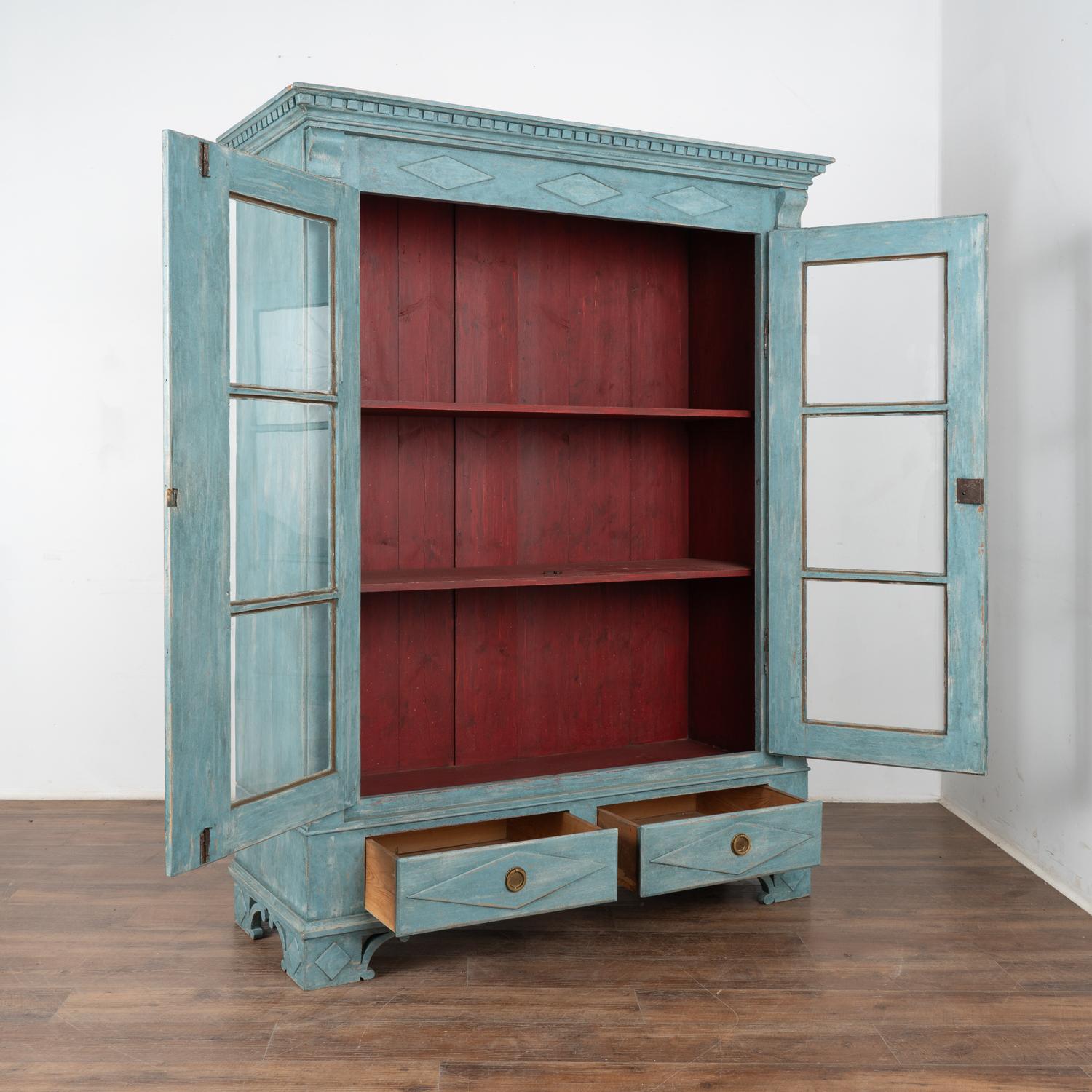 Gustavian Blue Painted Bookcase Display Cabinet with Glass Doors, Denmark circa 1840 For Sale