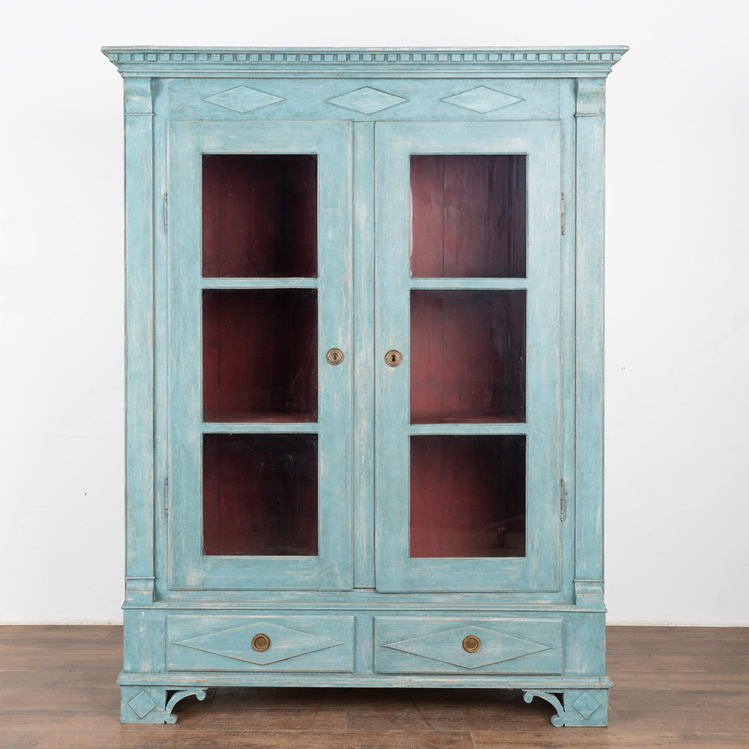 Danish Blue Painted Bookcase Display Cabinet with Glass Doors, Denmark circa 1840 For Sale