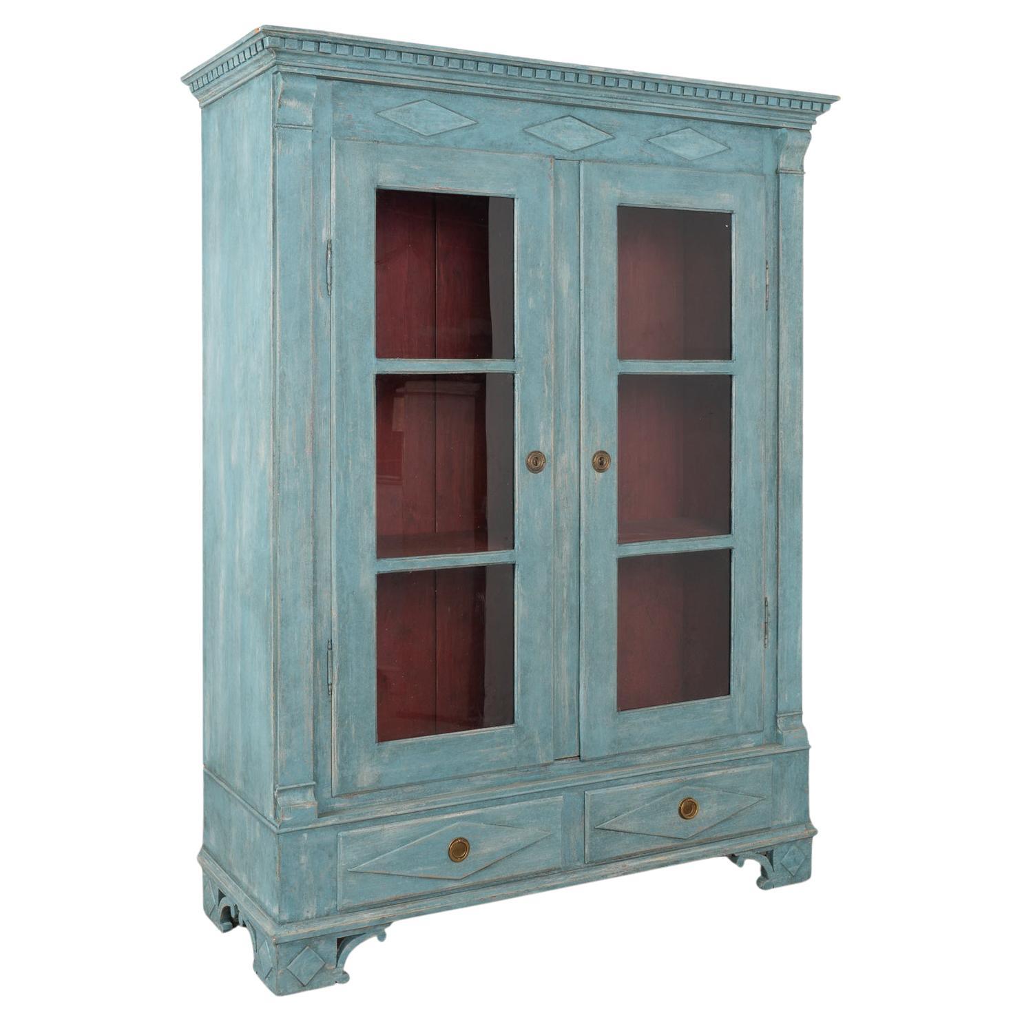 Blue Painted Bookcase Display Cabinet with Glass Doors, Denmark circa 1840 For Sale