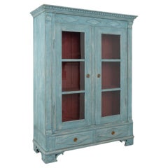 Antique Blue Painted Bookcase Display Cabinet with Glass Doors, Denmark circa 1840