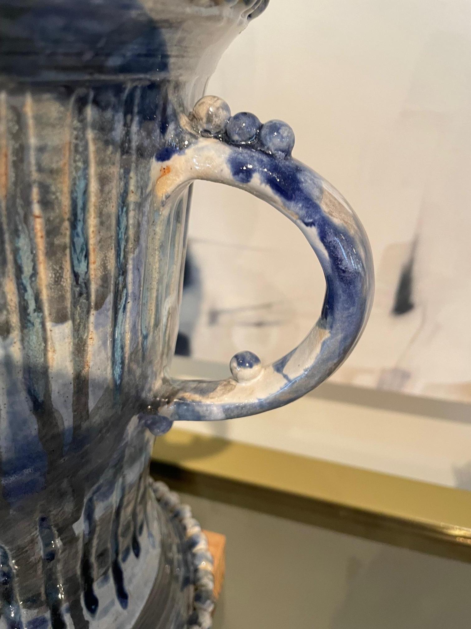 Blue Painted Ceramic Double Handle Urn In New Condition For Sale In Millbrook, NY