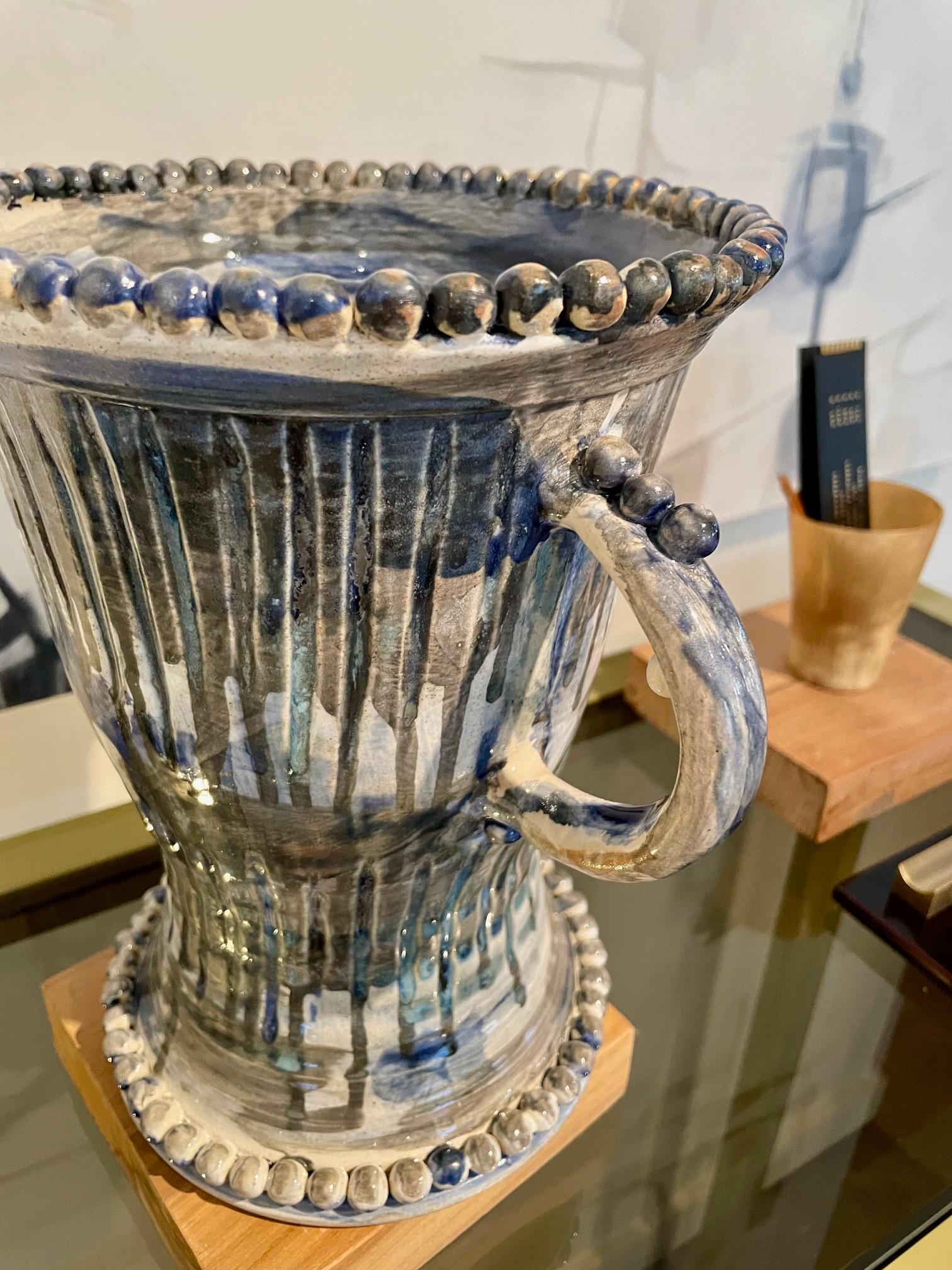 Contemporary Blue Painted Ceramic Double Handle Urn For Sale