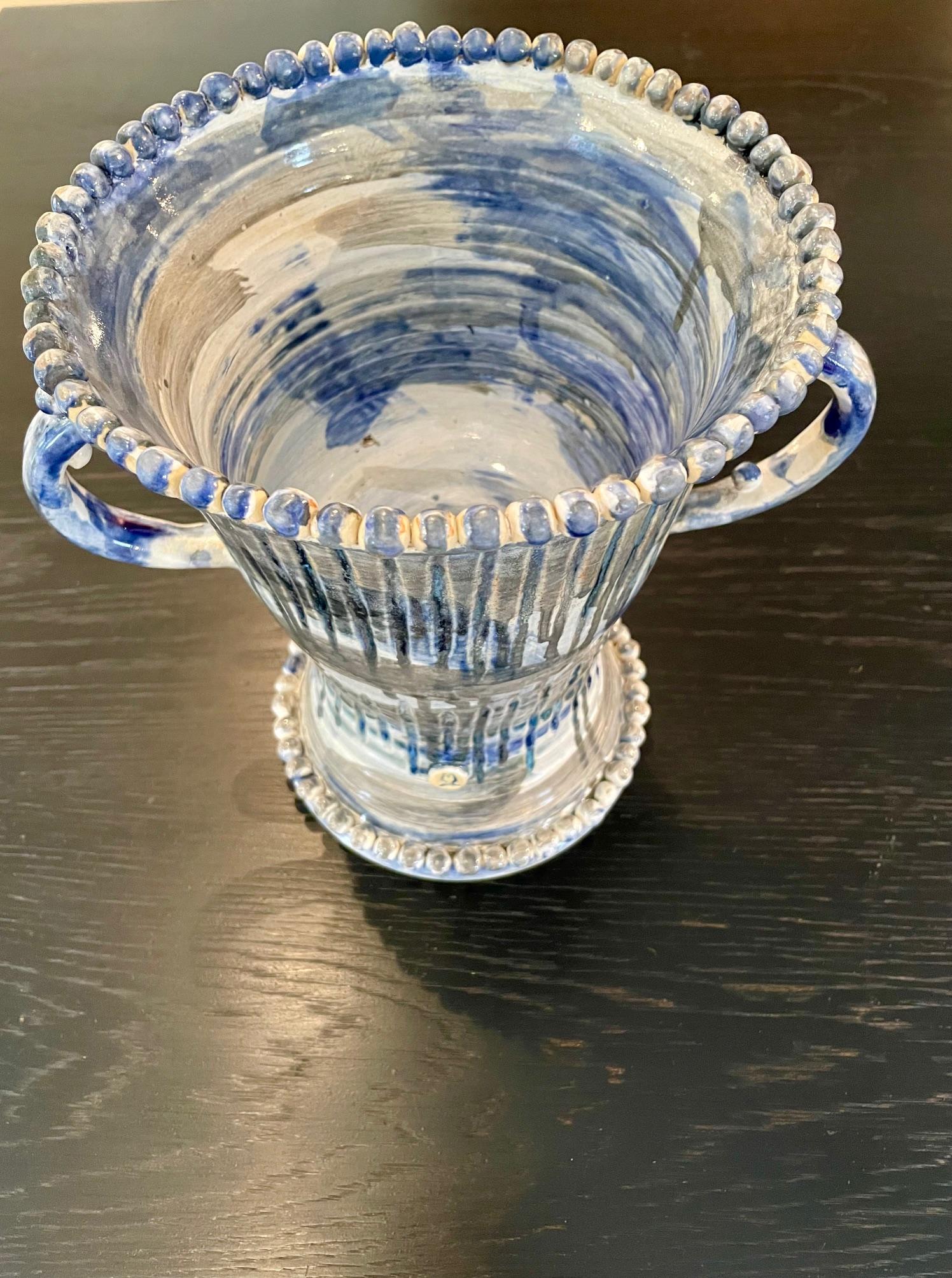 Clay Blue Painted Ceramic Double Handle Urn For Sale