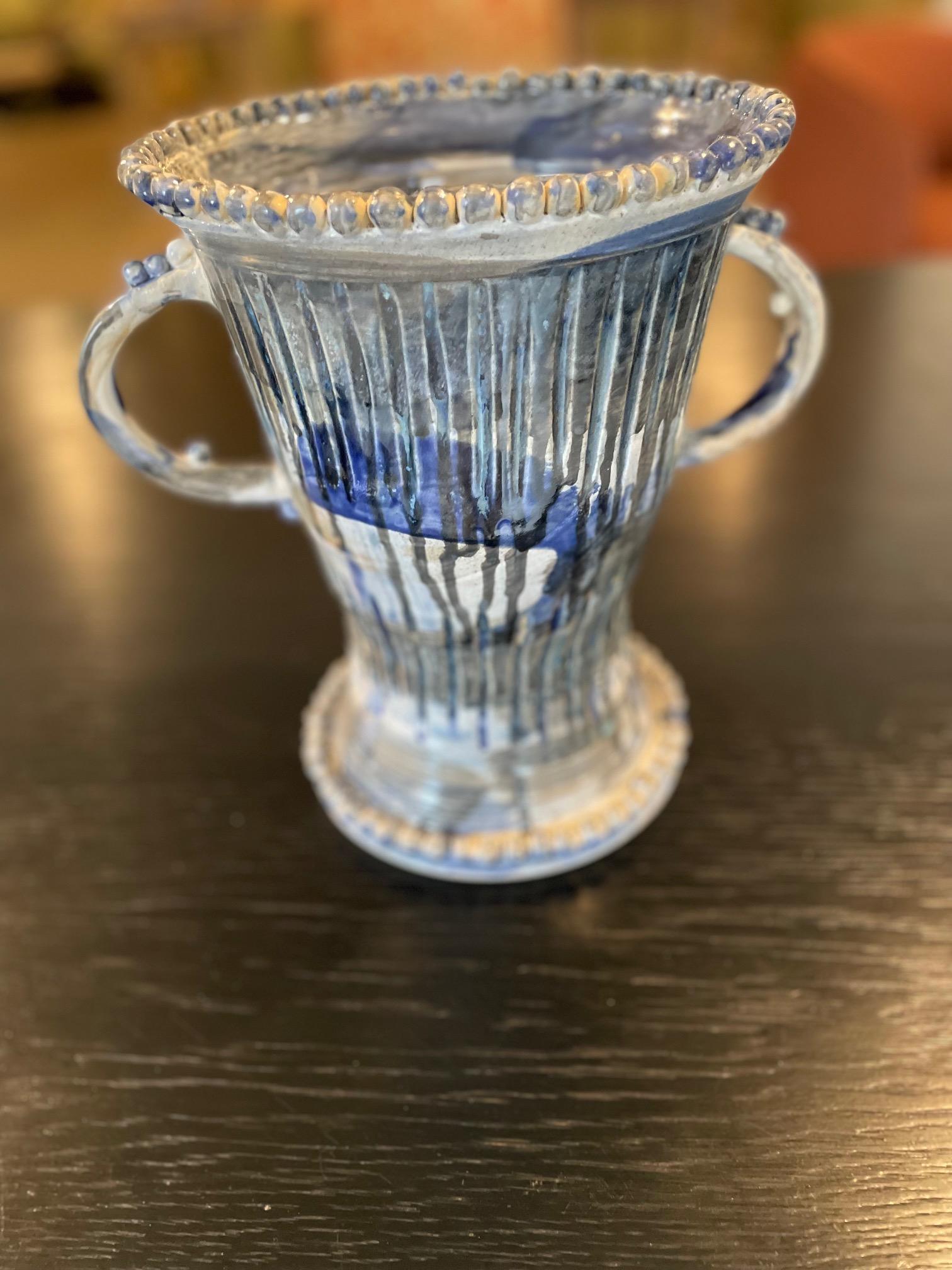 Blue Painted Ceramic Double Handle Urn For Sale 1