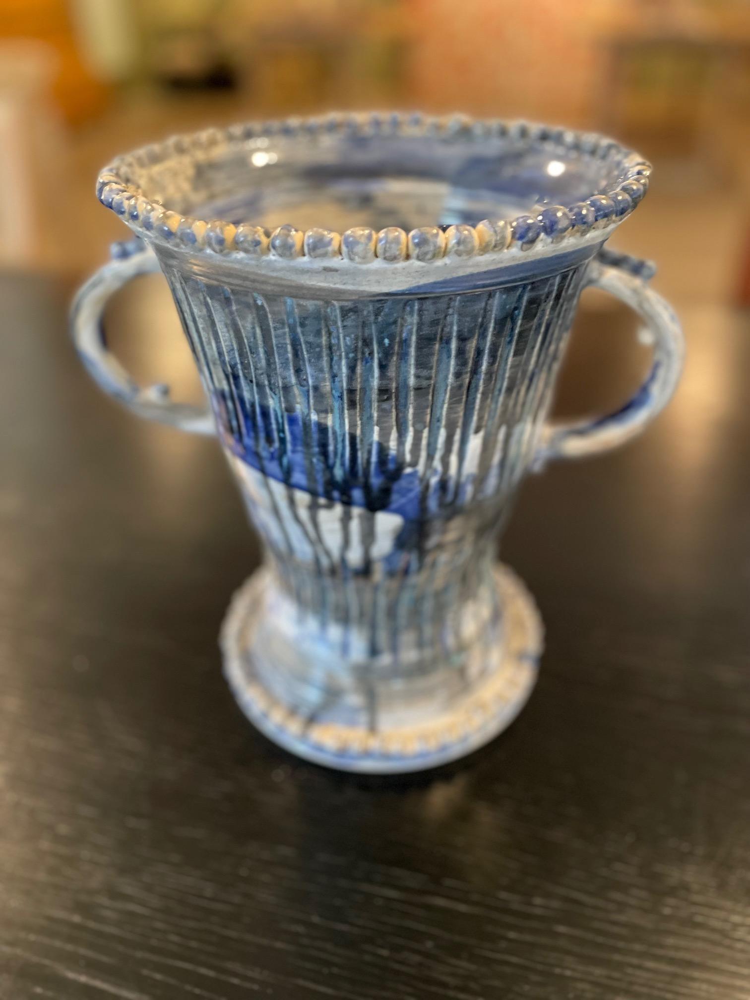 Blue Painted Ceramic Double Handle Urn For Sale 2