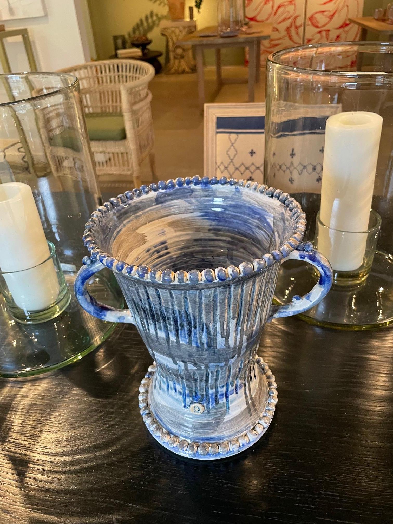 Blue Painted Ceramic Double Handle Urn For Sale 3