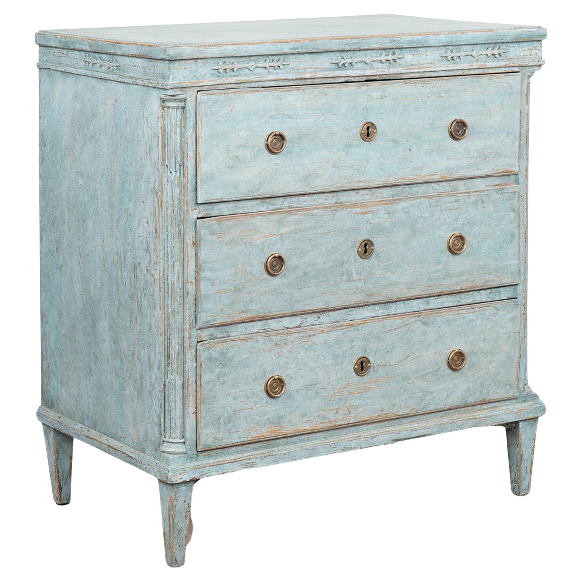 Blue Painted Chest of Three Drawers, Denmark circa 1840 For Sale