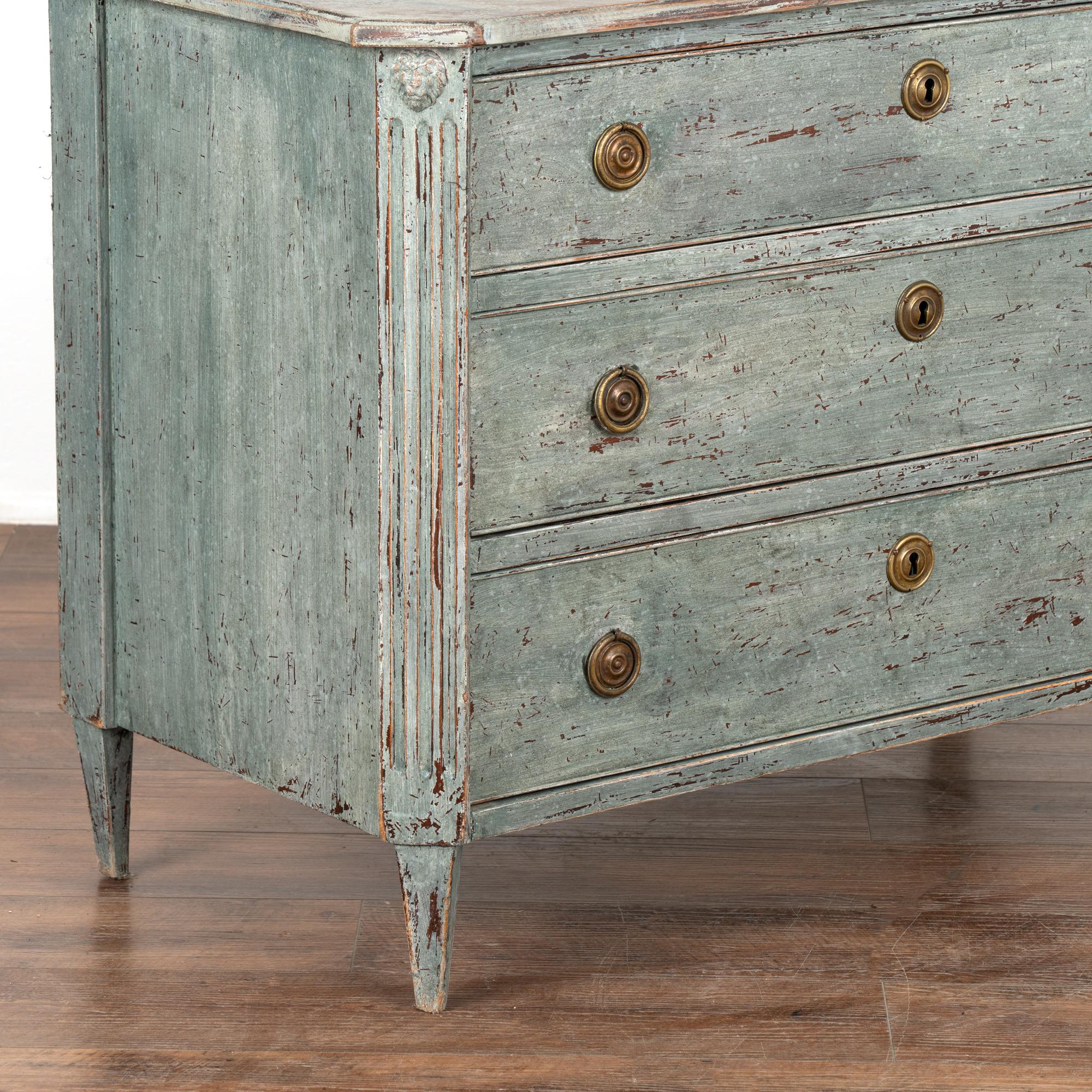 Brass Blue Painted Chest of Three Drawers, Sweden circa 1820-40 For Sale