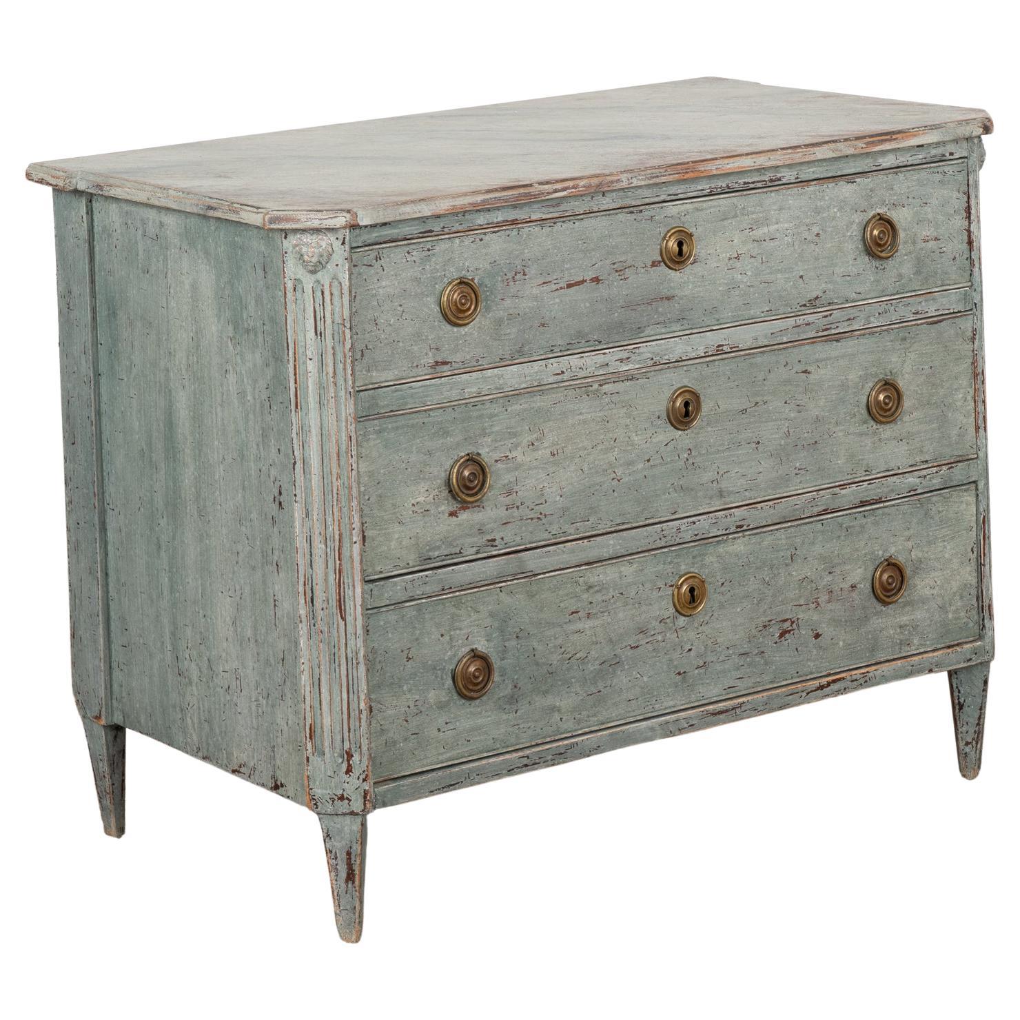 Blue Painted Chest of Three Drawers, Sweden circa 1820-40 For Sale