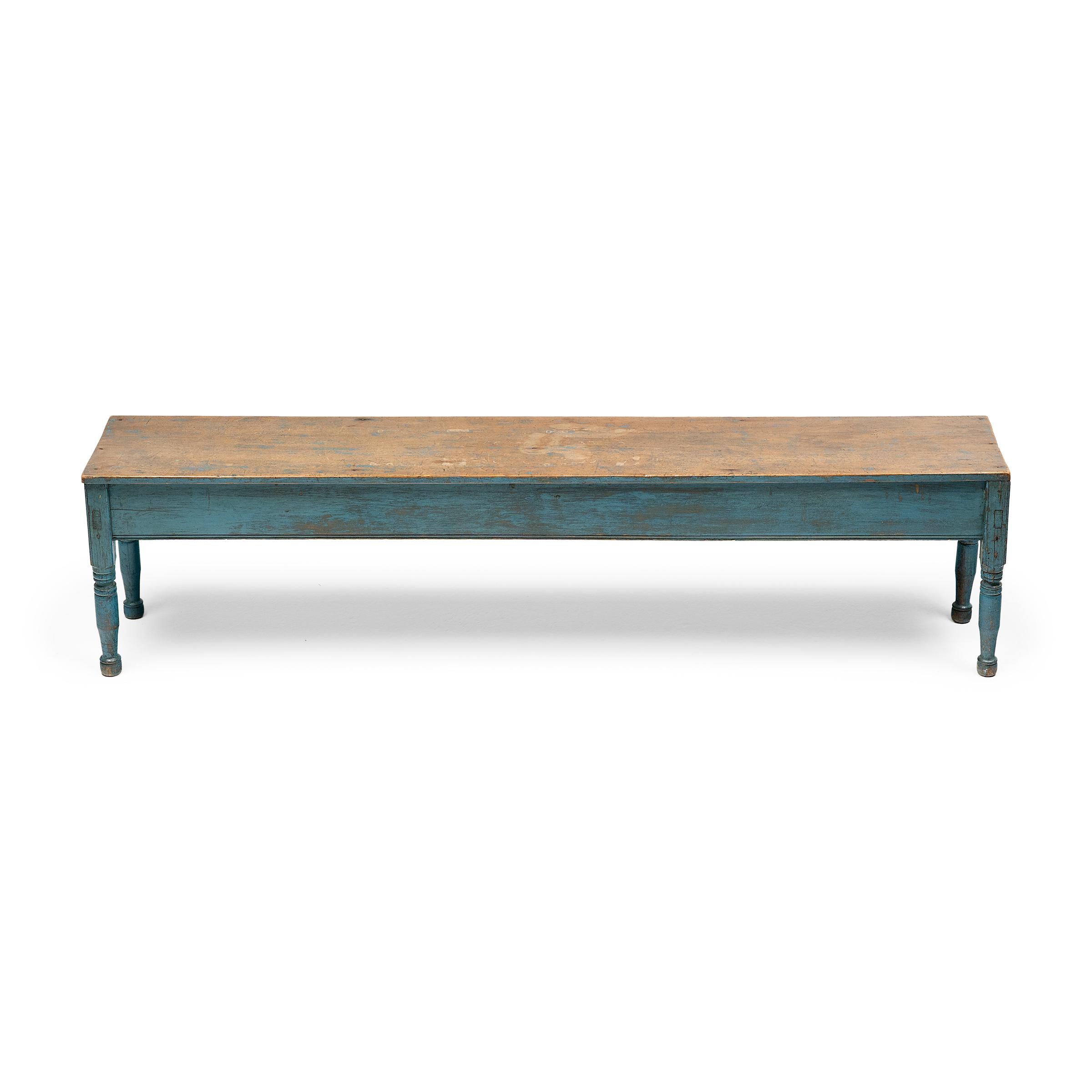 Rustic Blue Painted Farmhouse Bench, c. 1900 For Sale