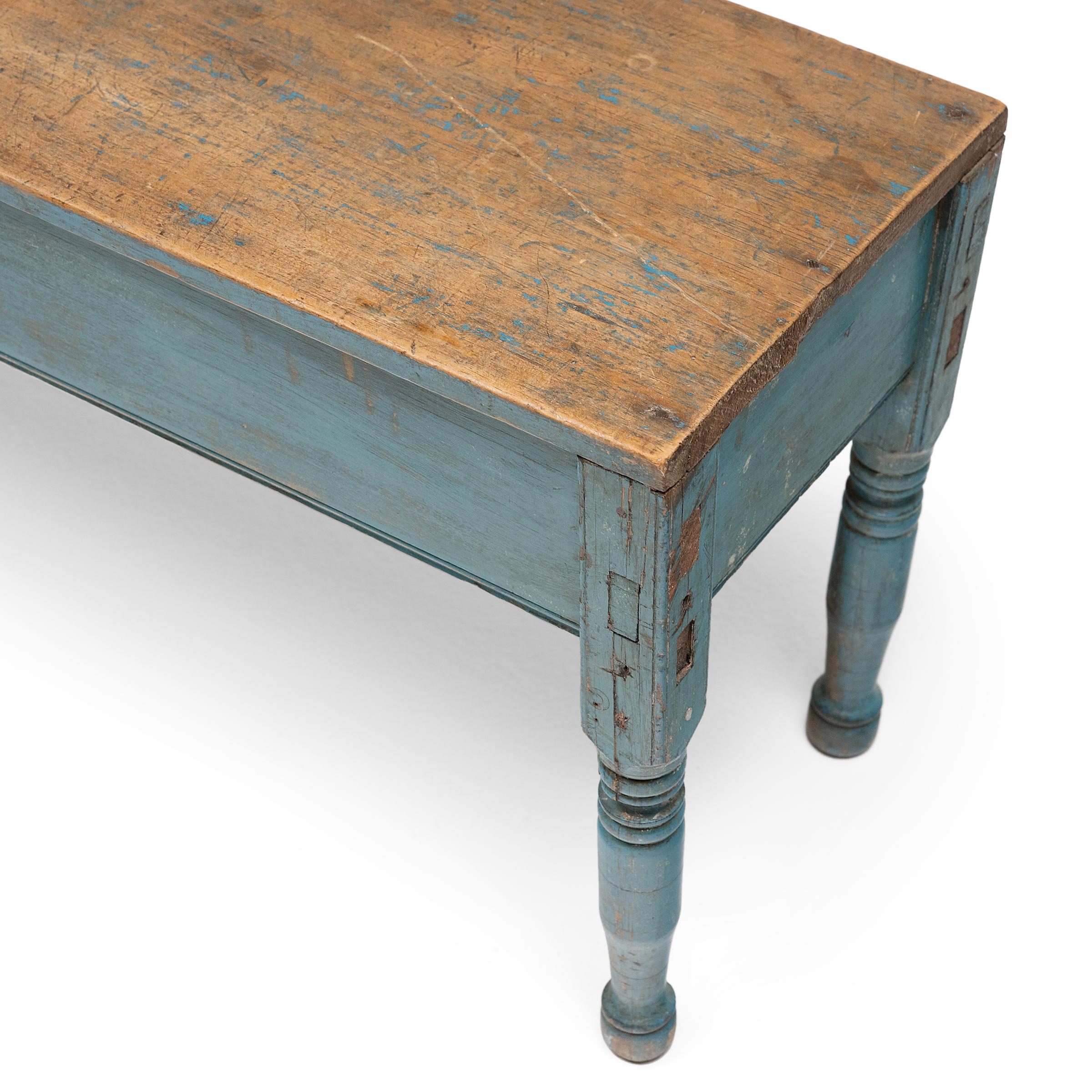 American Blue Painted Farmhouse Bench, c. 1900 For Sale