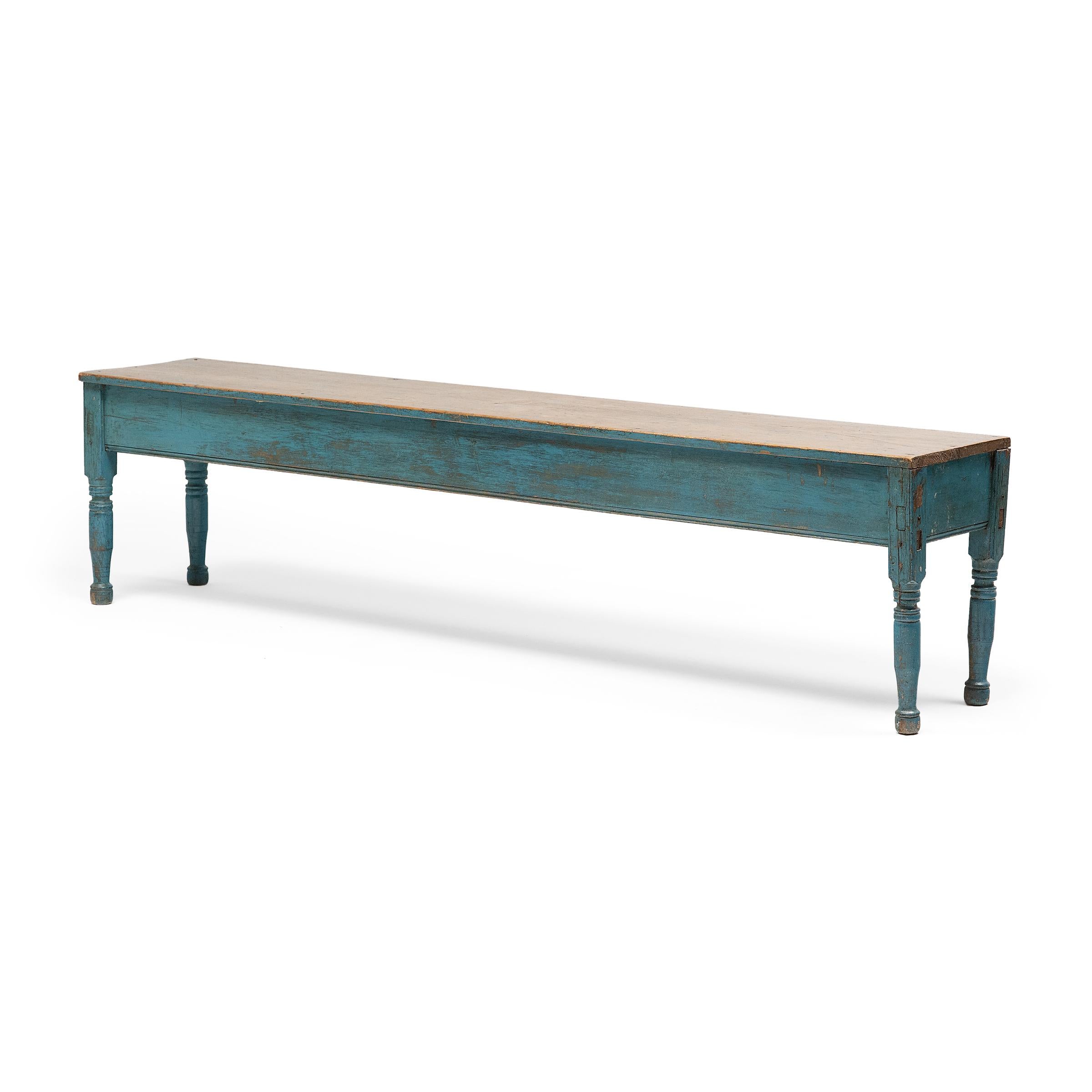 Blue Painted Farmhouse Bench, c. 1900 In Good Condition For Sale In Chicago, IL