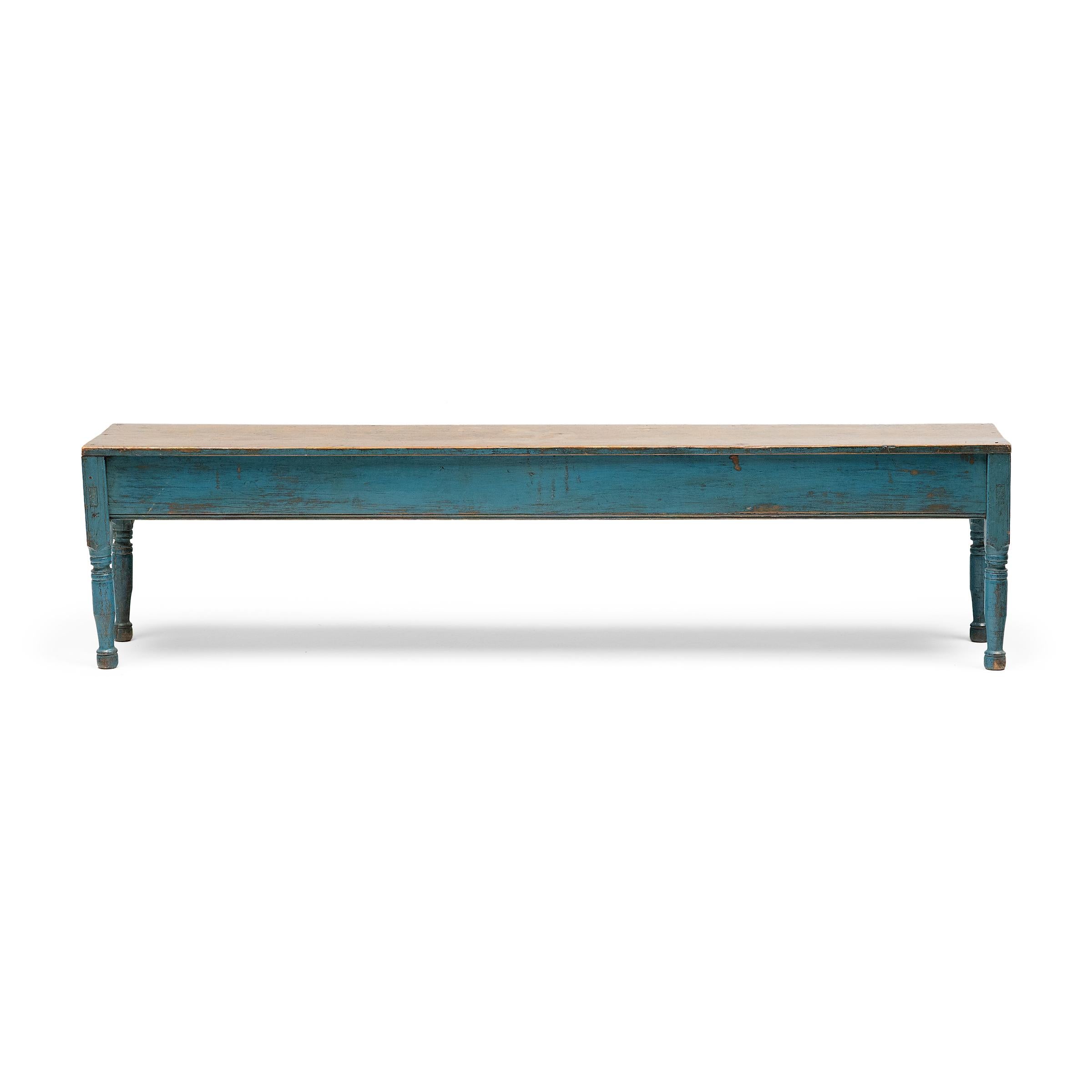 20th Century Blue Painted Farmhouse Bench, c. 1900 For Sale