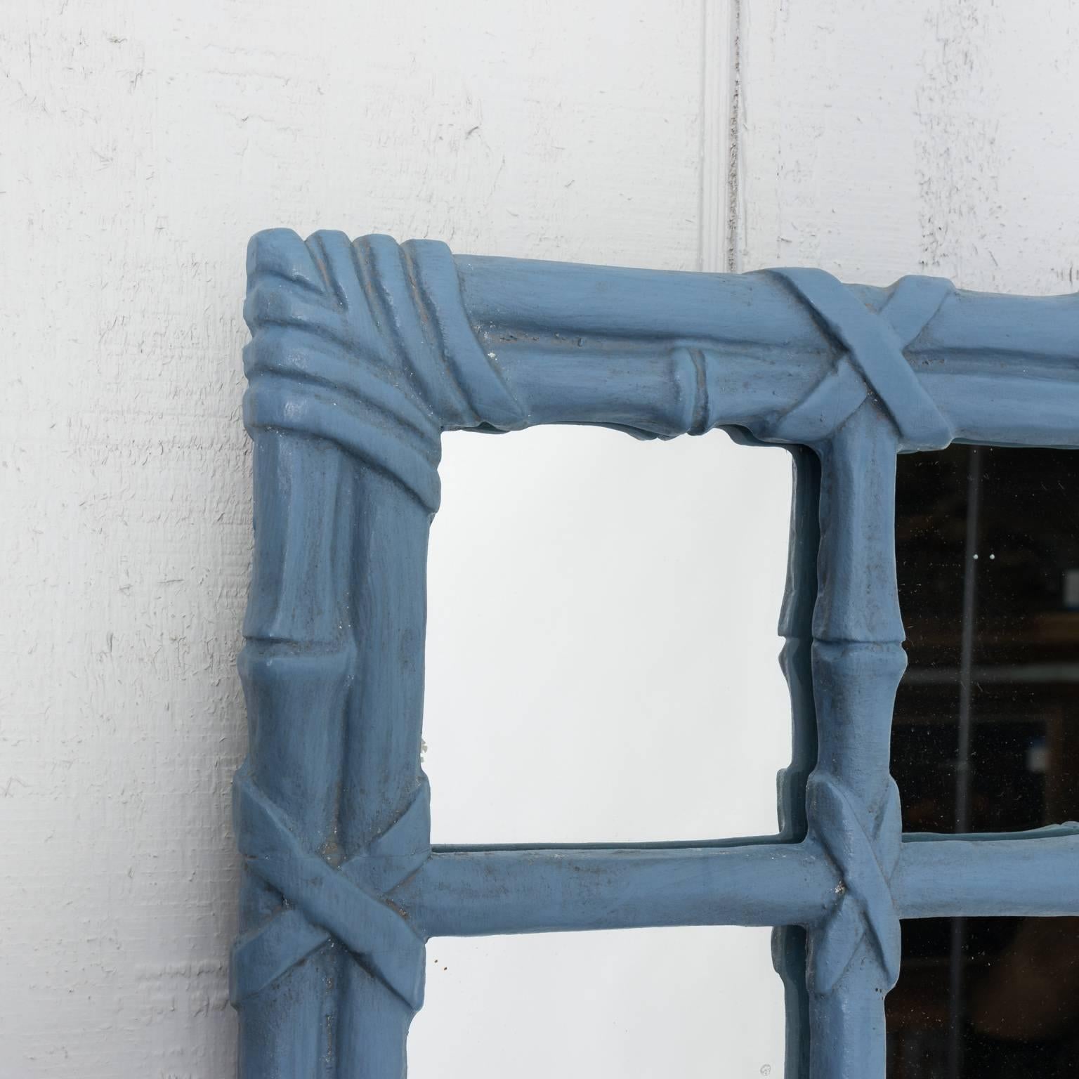 Blue Painted Faux Bamboo Mirror In Good Condition In Stamford, CT