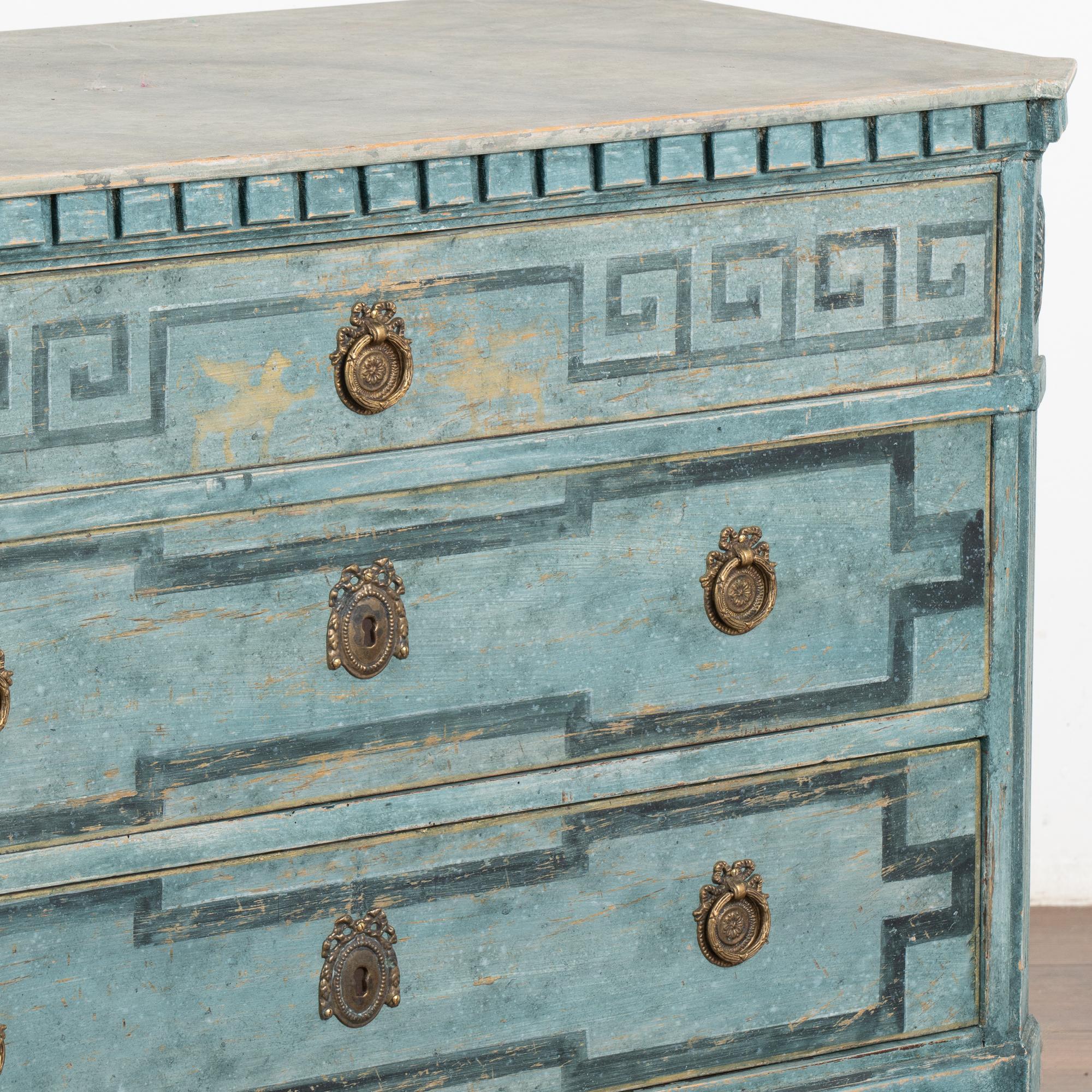Blue Painted Gustavian Chest of Three Drawers, Sweden circa 1860-80 4