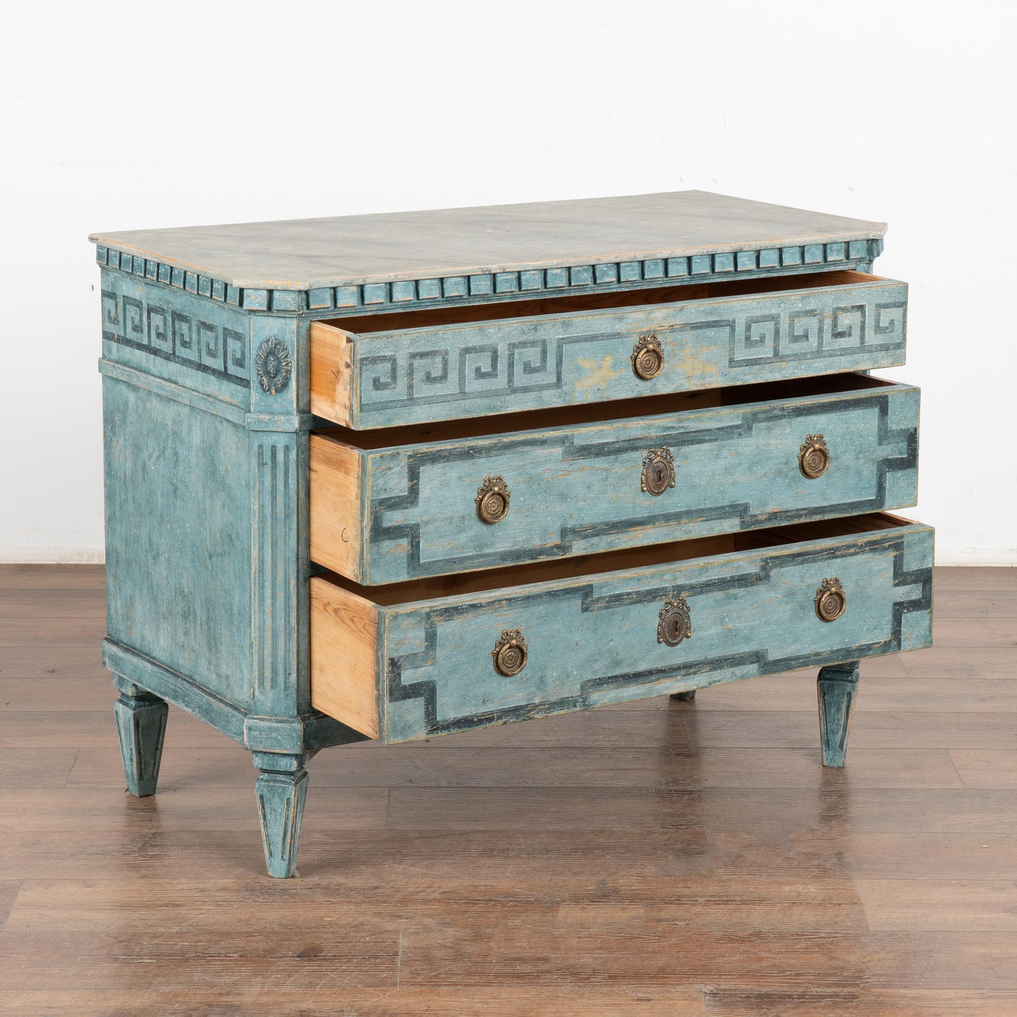 Swedish Blue Painted Gustavian Chest of Three Drawers, Sweden circa 1860-80