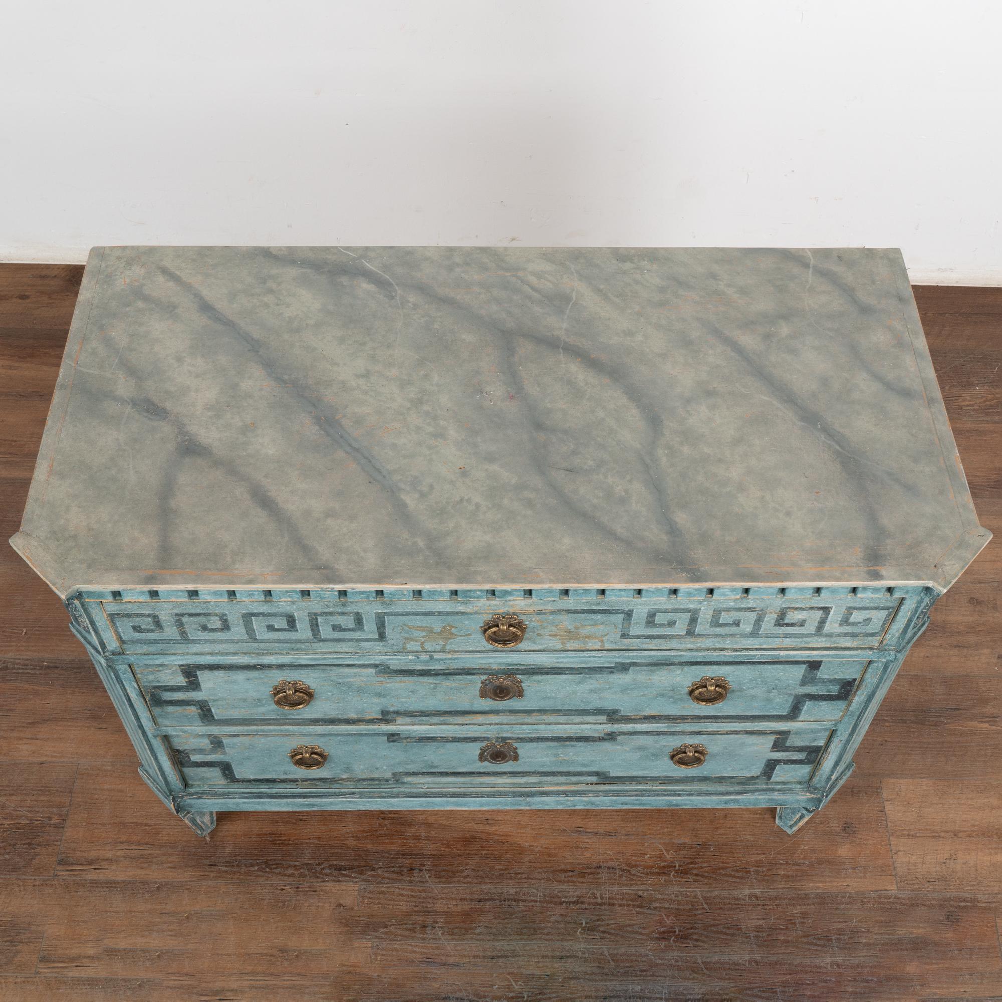 19th Century Blue Painted Gustavian Chest of Three Drawers, Sweden circa 1860-80