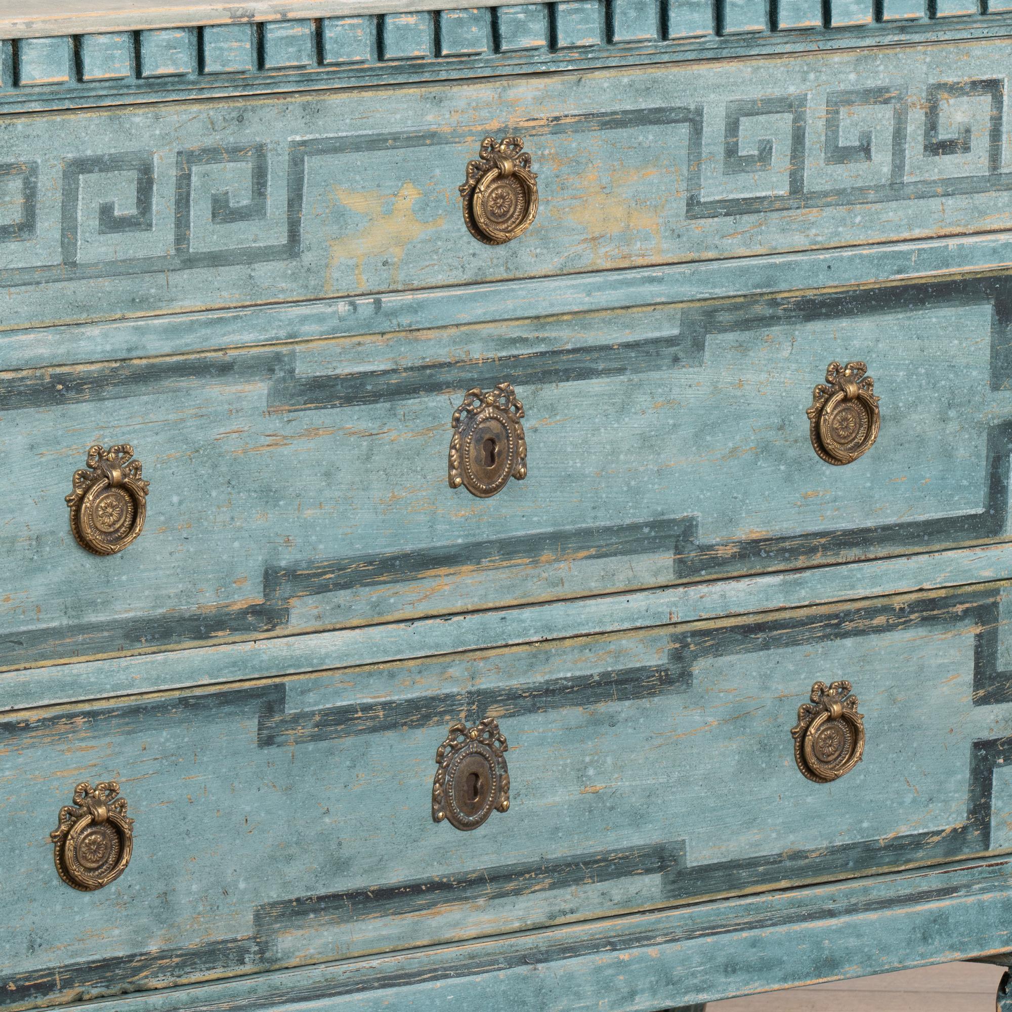 Blue Painted Gustavian Chest of Three Drawers, Sweden circa 1860-80 3