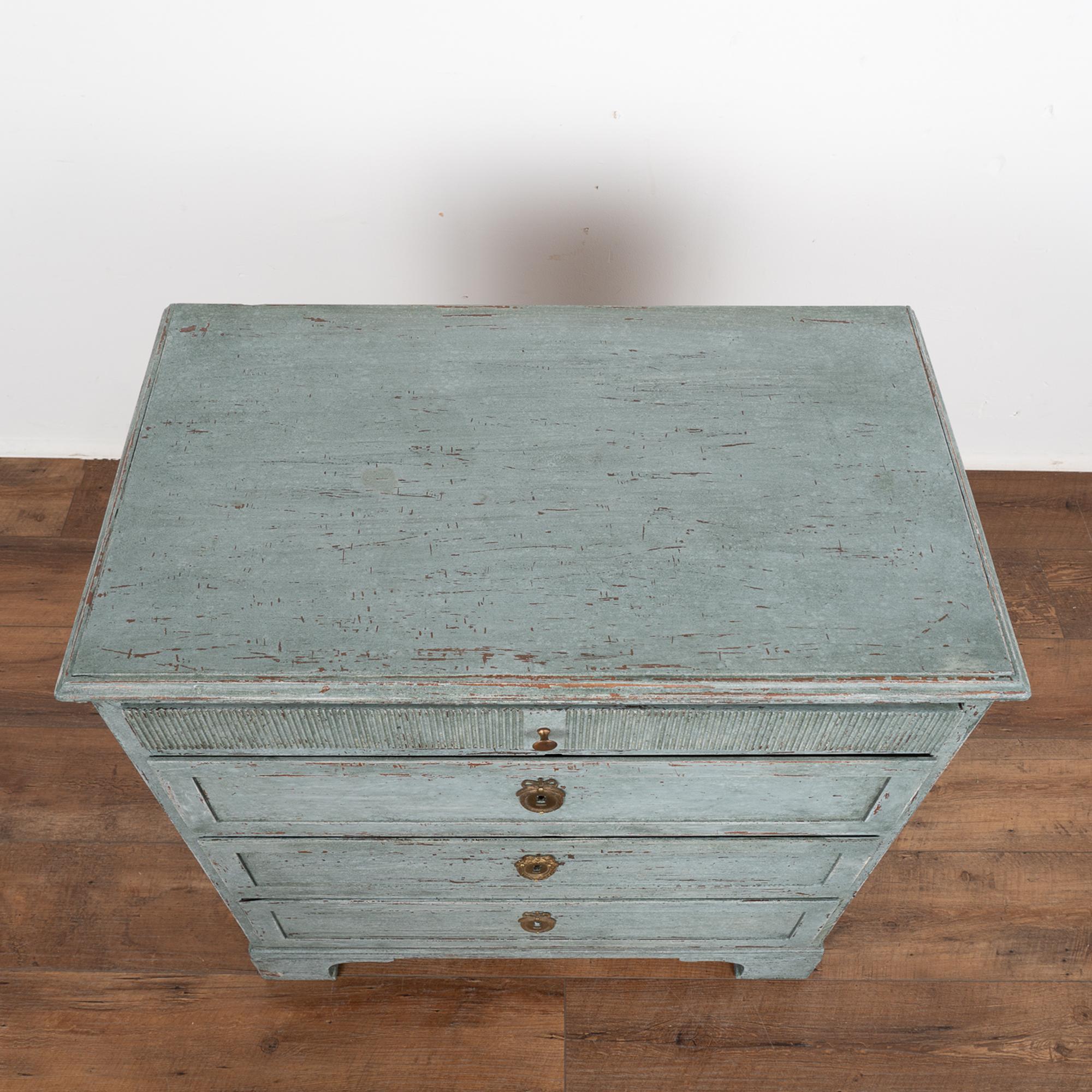19th Century Blue Painted Gustavian Pine Chest of Three Drawers, Sweden circa 1820-40