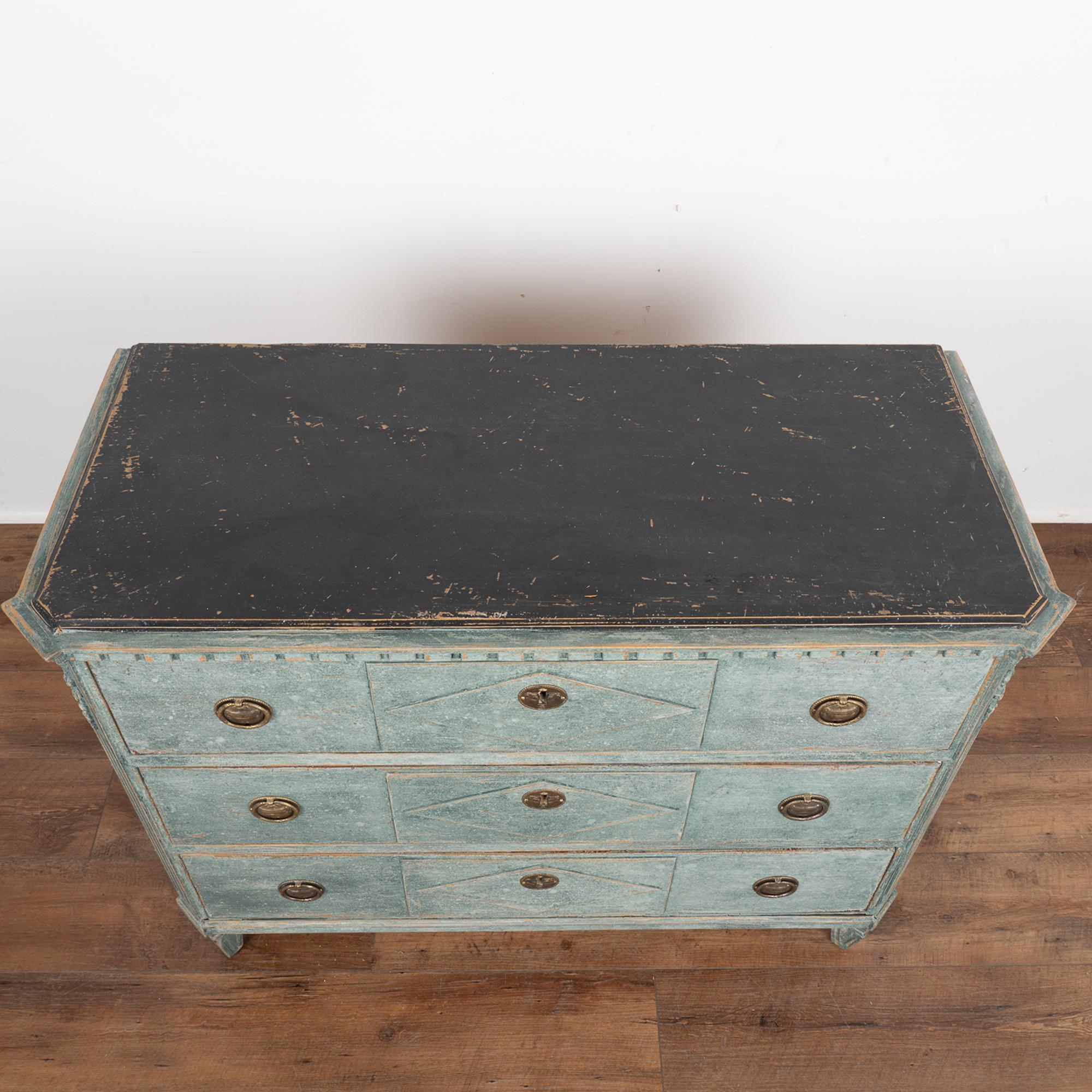 19th Century Blue Painted Gustavian Pine Chest of Three Drawers, Sweden circa 1860-80