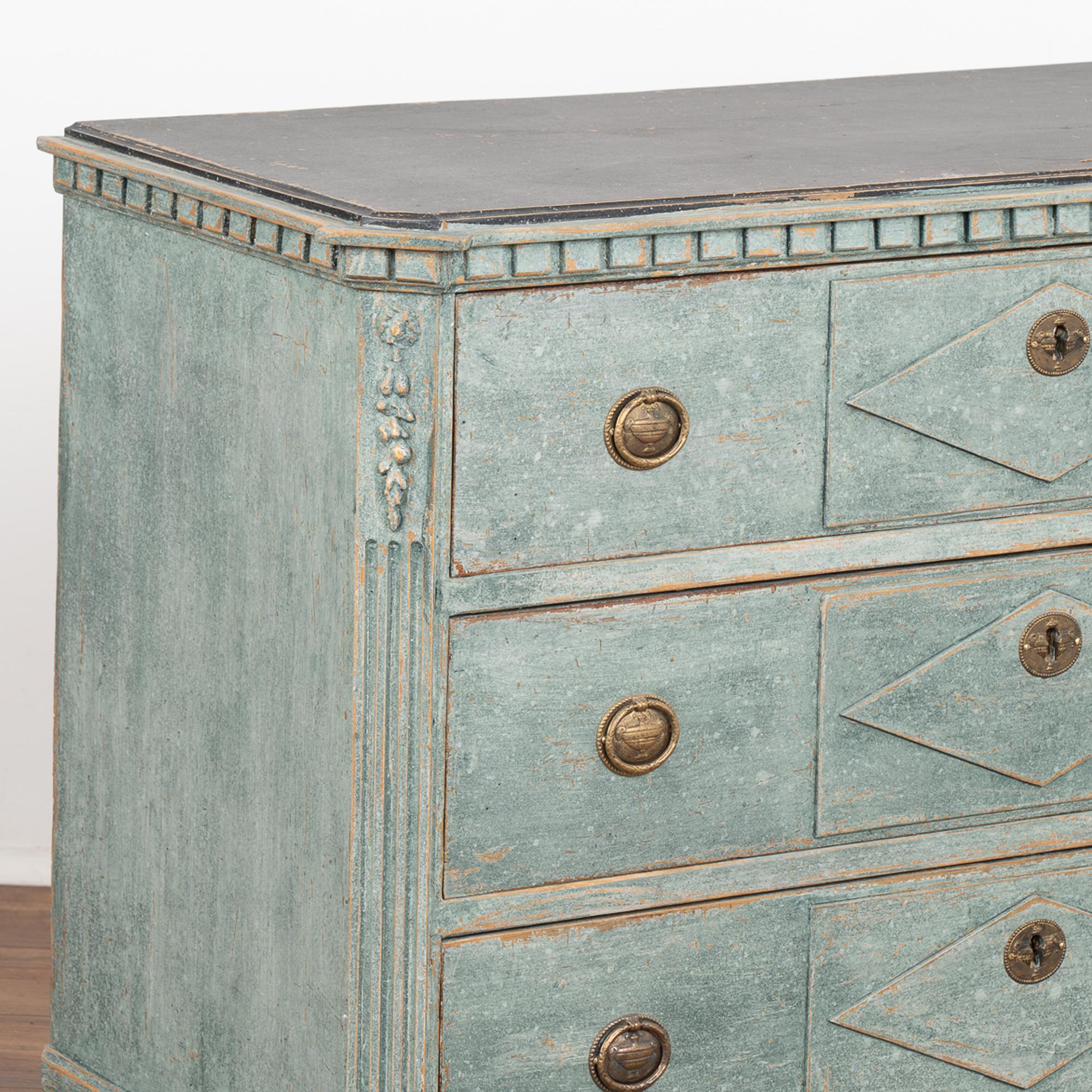 Blue Painted Gustavian Pine Chest of Three Drawers, Sweden circa 1860-80 2