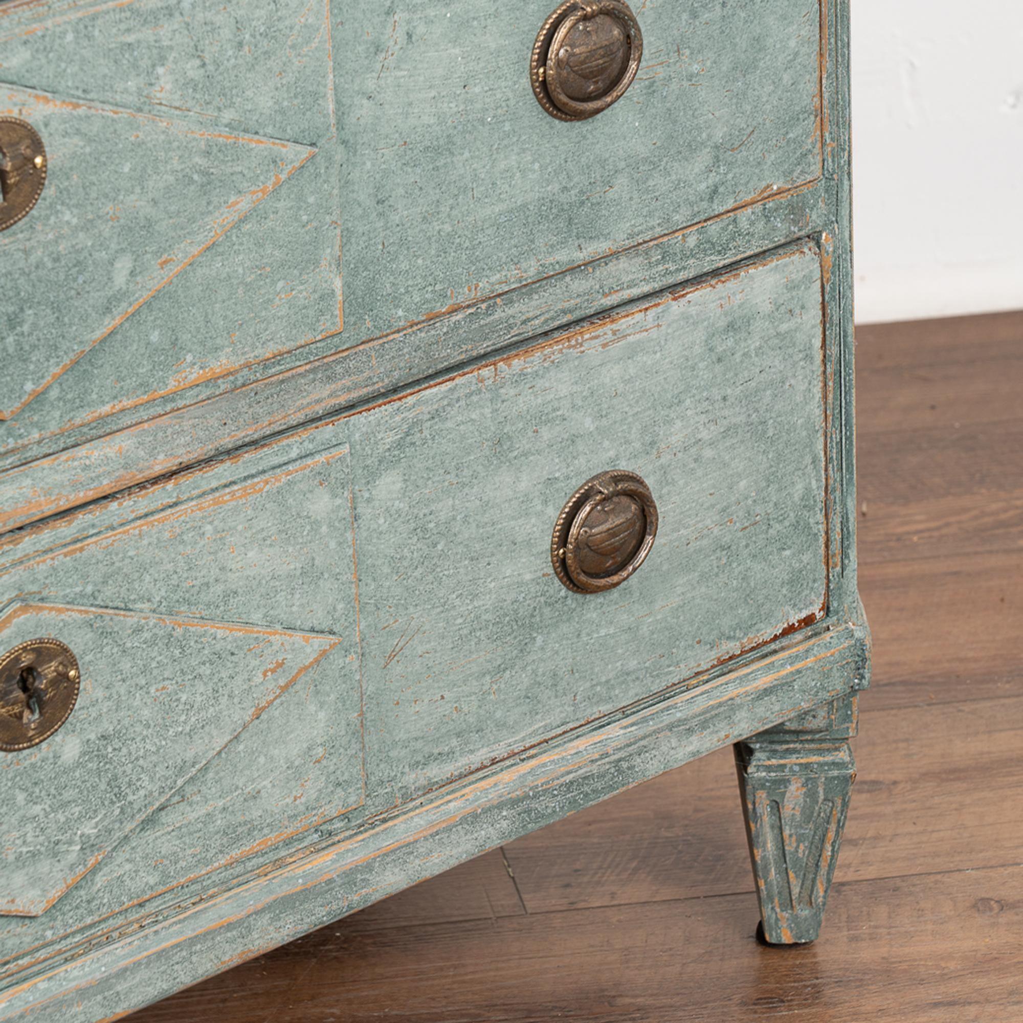 Blue Painted Gustavian Pine Chest of Three Drawers, Sweden circa 1860-80 4