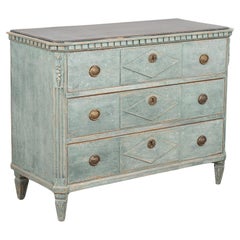 Blue Painted Gustavian Pine Chest of Three Drawers, Sweden circa 1860-80