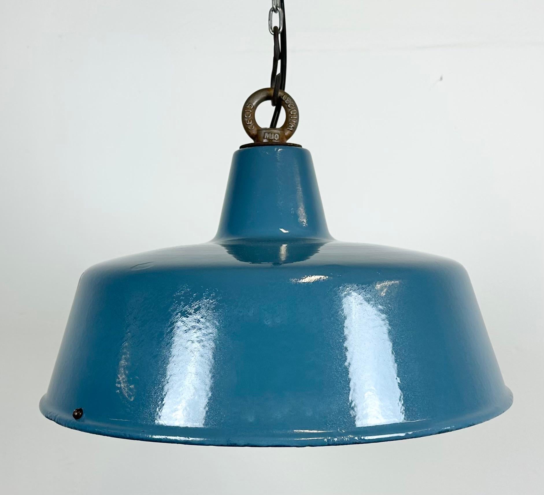 Czech Blue Painted Industrial Factory Pendant Lamp, 1950s