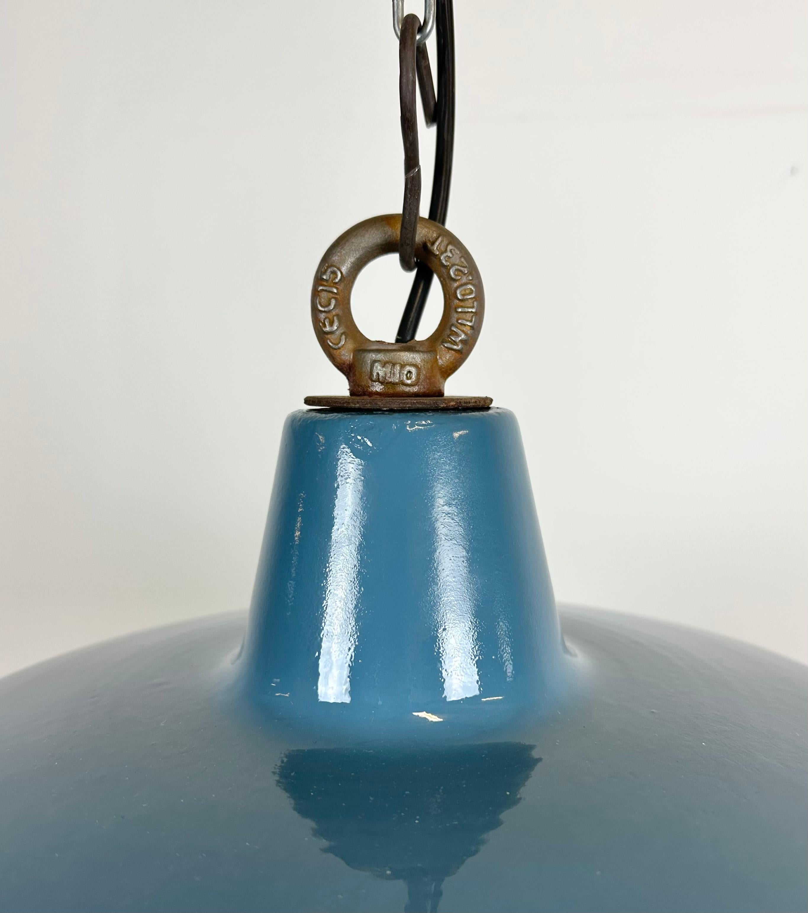 Blue Painted Industrial Factory Pendant Lamp, 1950s In Good Condition In Kojetice, CZ