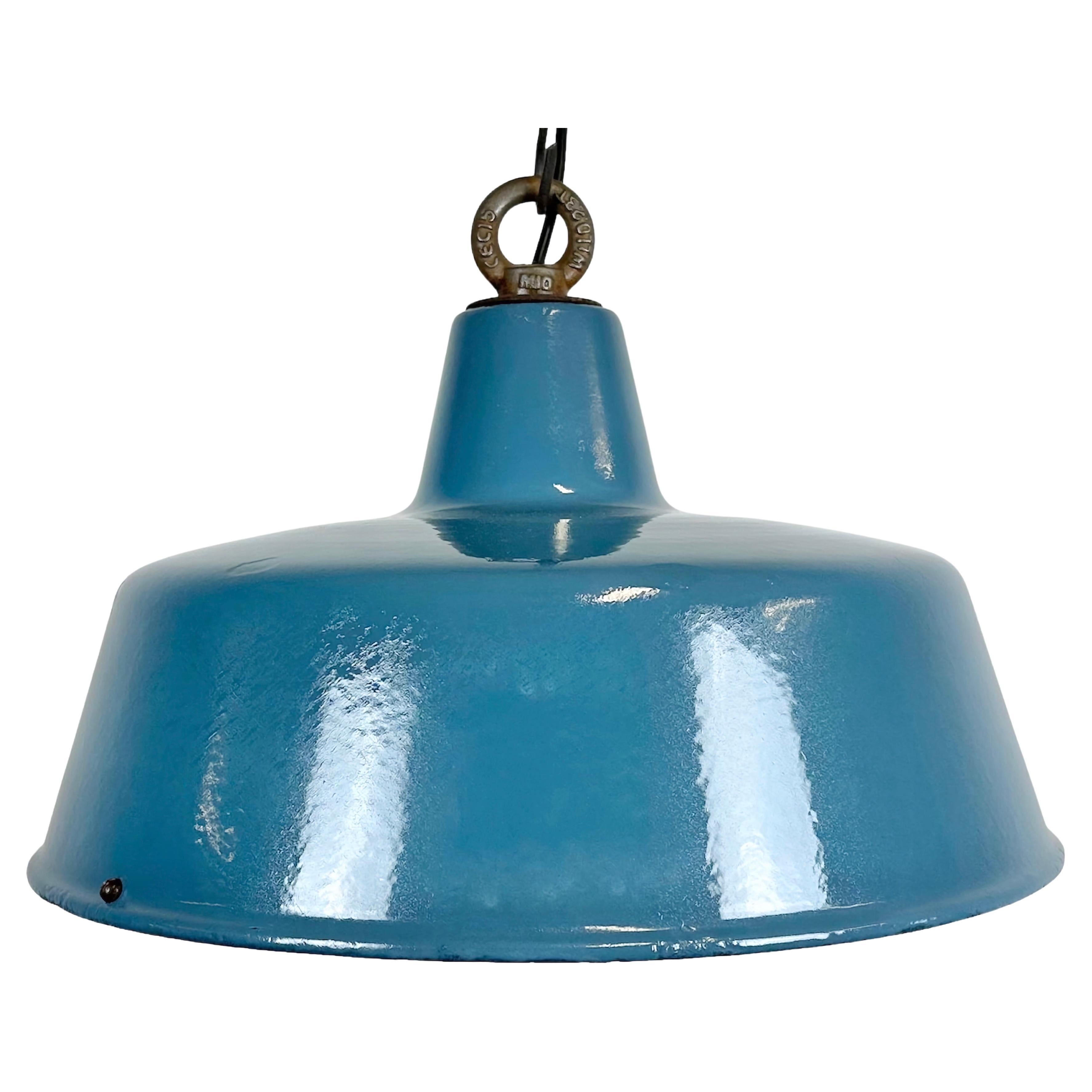 Blue Painted Industrial Factory Pendant Lamp, 1950s