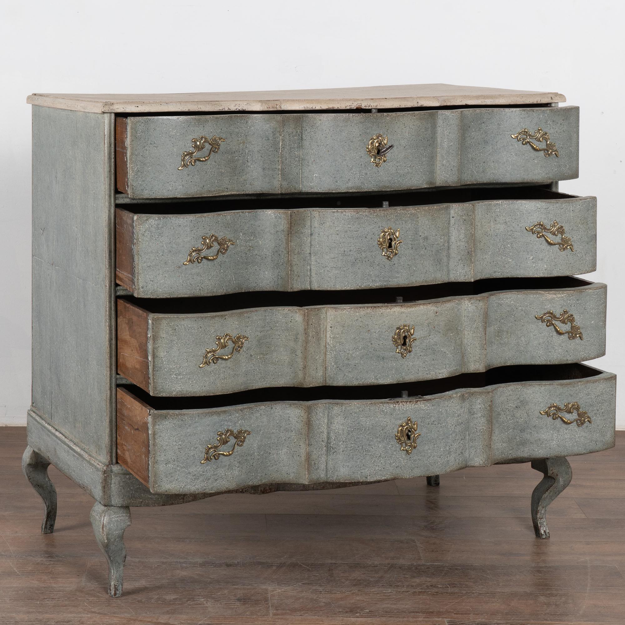 Swedish Blue Painted Large Rococo Oak Chest of Four Drawers, Sweden circa 1750-1800