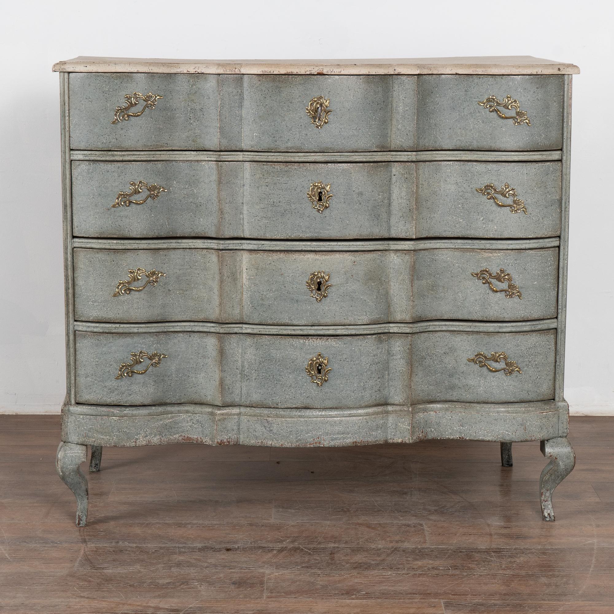 Blue Painted Large Rococo Oak Chest of Four Drawers, Sweden circa 1750-1800 In Fair Condition In Round Top, TX
